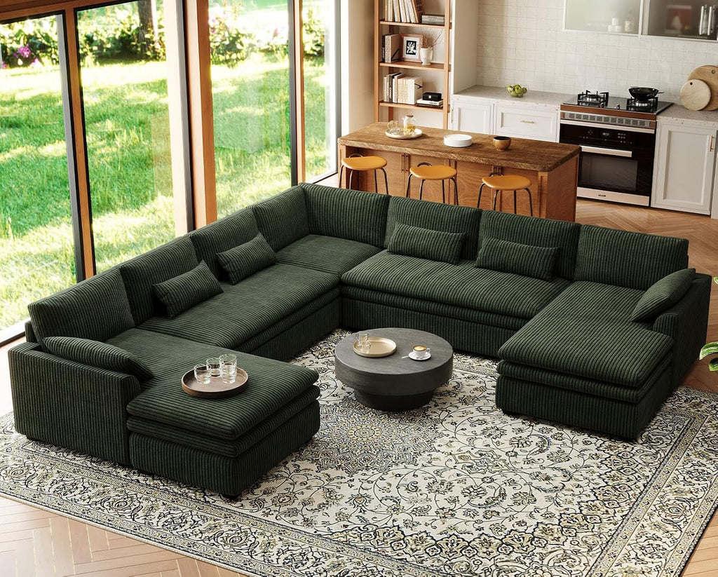 Belffin Large Modular Sectional Sofa with Double Deep Chaise and Loveseat, Corduroy U Shaped Couch with 9' Soft Dual-Layer 9 Seats Cushion for Living Room, Apartment, Green