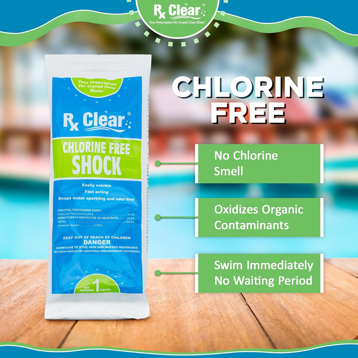 Rx Clear Chlorine-Free Pool Shock | Non-Chlorine Oxidizing Treatment (MPS) | 36.2% Potassium Monopersulfate | Fast-Dissolving Granules | Low-Odor | for Pools & Spas | 1 lb Bags | 24 Pack