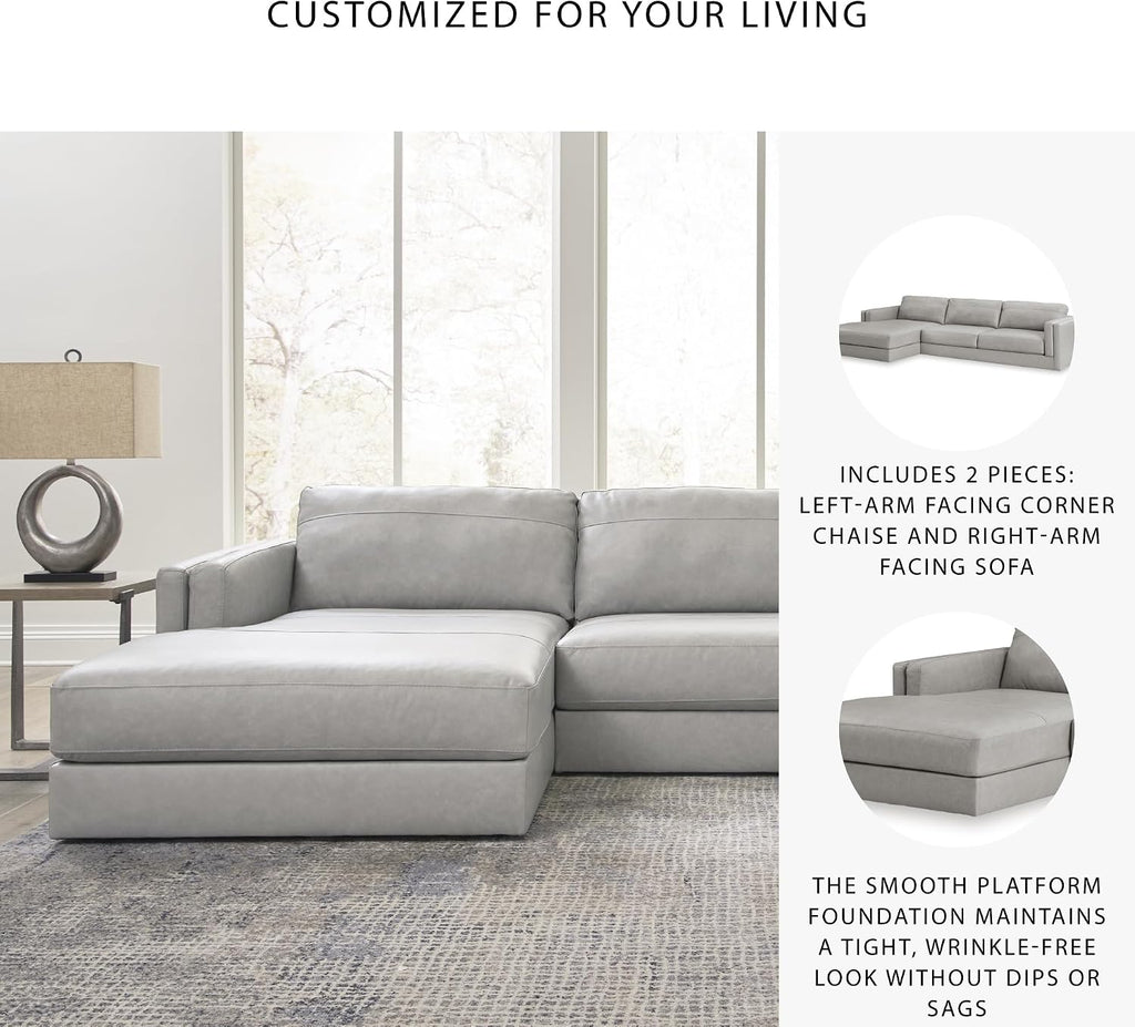 Signature Design by Ashley Amiata Modern L-Shaped Left-Arm Facing Leather Match 2-Piece Sectional with Chaise, Light Gray