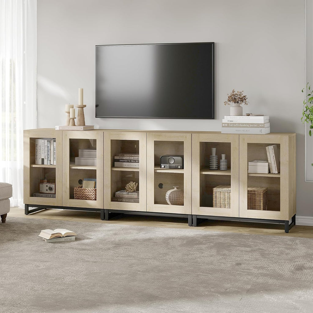 WAMPAT Modern TV Stand with Glass Doors for 70-100 inch TVs, 3 in 1 Entertainment Center Console with Adjustable Shelves and Metal Base for Living Room, Bedroom, Beige