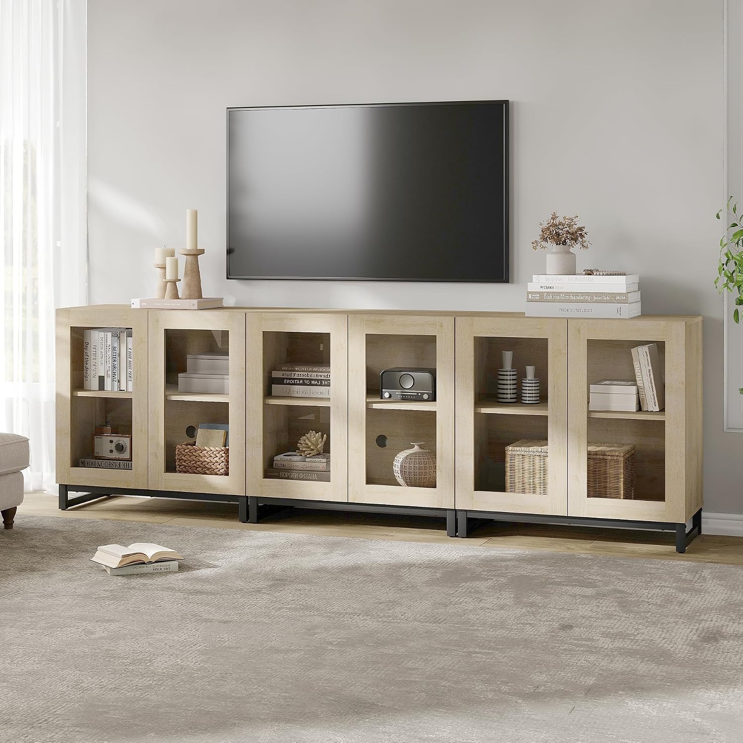 WAMPAT Modern TV Stand with Glass Doors for 70-100 inch TVs, 3 in 1 Entertainment Center Console with Adjustable Shelves and Metal Base for Living Room, Bedroom, Beige