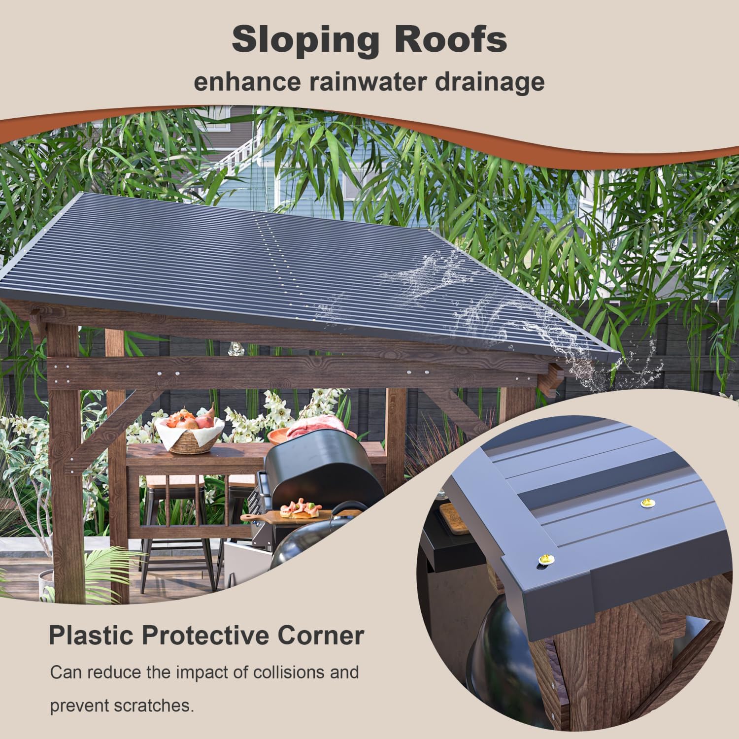 13' x 6.5' Wooden Pergola Grill Gazebo with Metal Roof & Counters Brown Spacious BBQ Outdoor Living