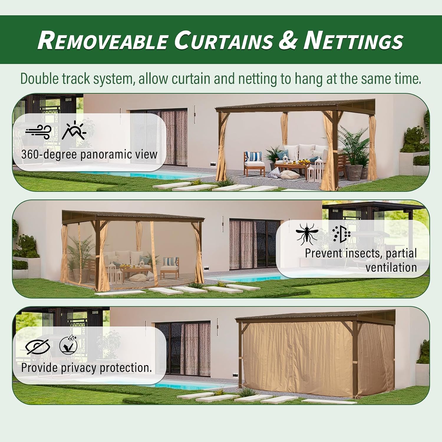 Domi 10x14FT Lean to Gazebo with Gutters, Outdoor Wall Mounted Pergola Hardtop with Galvanized Steel Sloping Roof, Patio Metal Canopy with Curtains and Nettings, Outside Awning for Backyard, Garden