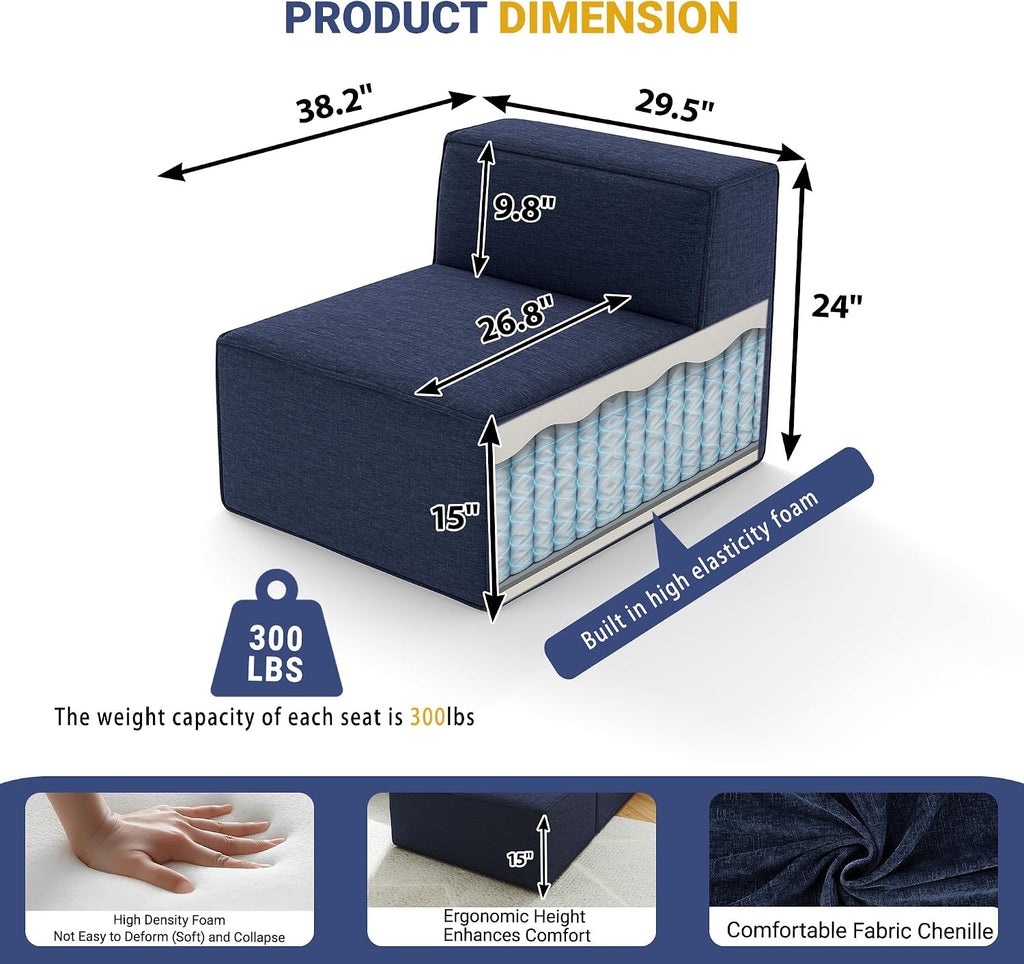 38' Modular Sectional Sofa Convertible Cube Couch Seat Set, Combine L-Shaped U-Shaped, Free Assembly, Space-Saving for Living Room, Thick Foam Fabric Chenille Blue (Only Armless)