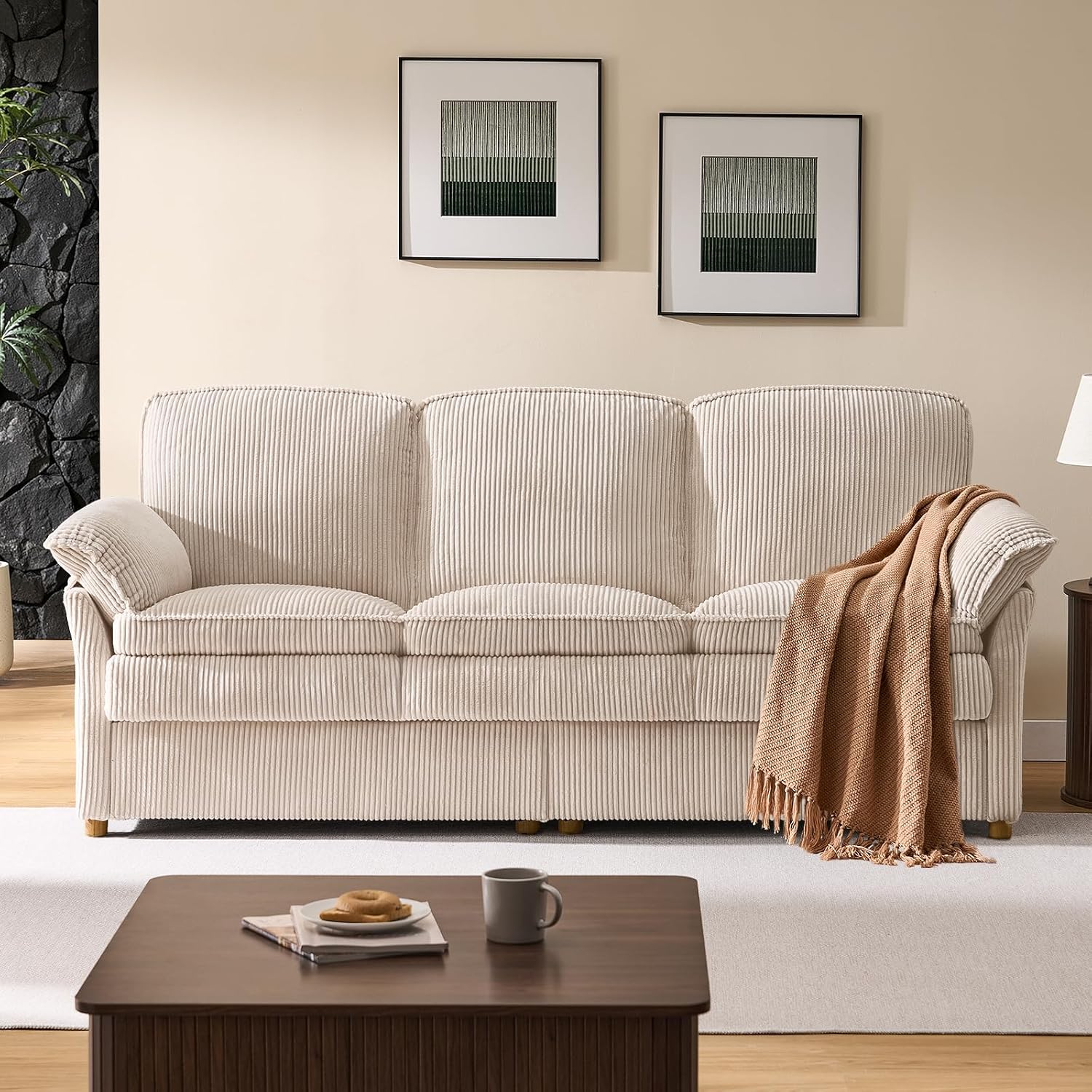 ONBRILL 86.6' Corduroy Couches for Living Room, Comfy 3 Seater Sofa with Pillow-Top Armrest & Dual-Layer Cushions, Mid Century Modern Couch for Bedroom, Apartment, Beige