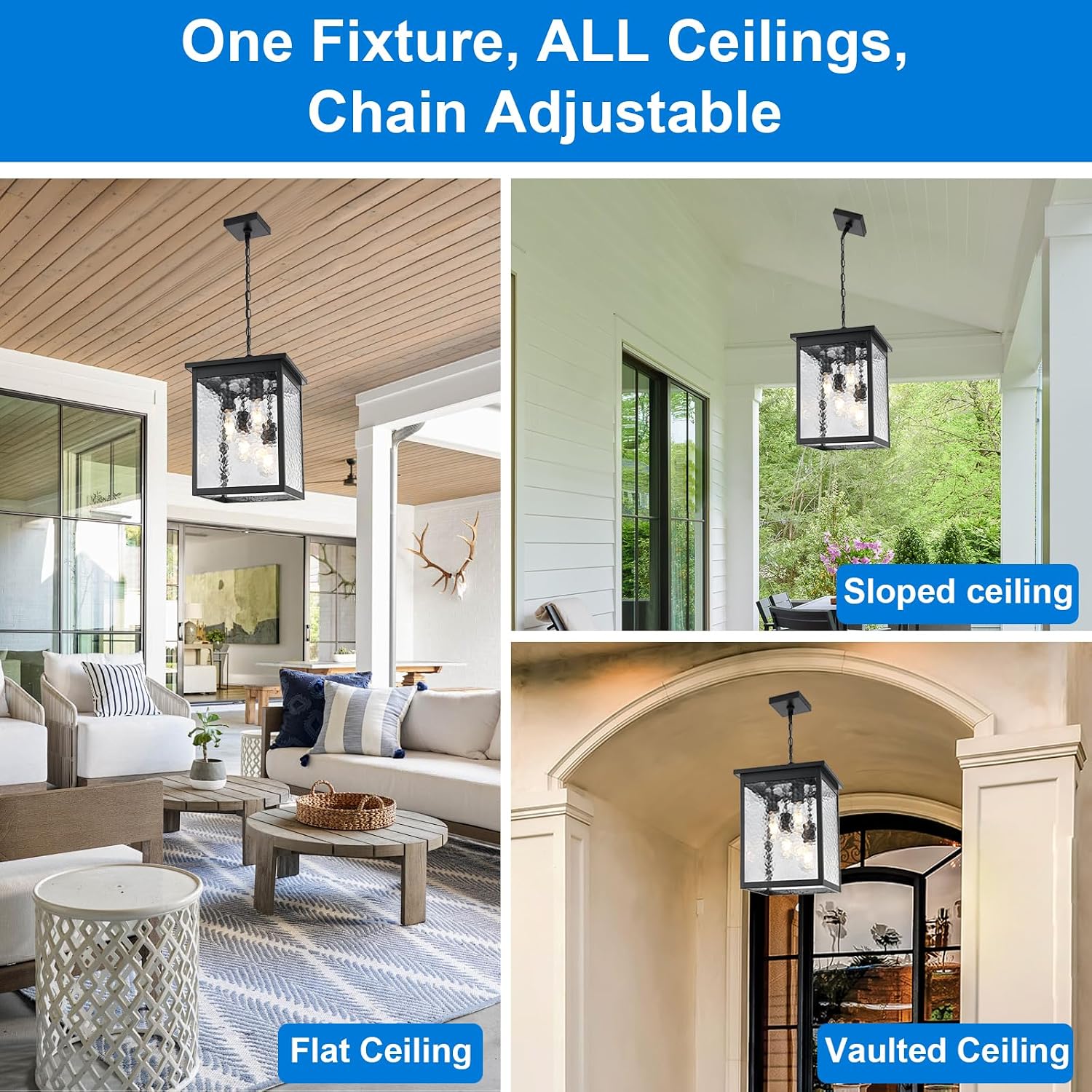 16.7'' Outdoor Pendant Lights for Porch, 4-Lights Black Exterior Pendant Light with Hammer Glass, Outdoor Porch Light Ceiling Mount Outdoor Hanging Light Fixture for Gazebo, Patio, Entryway