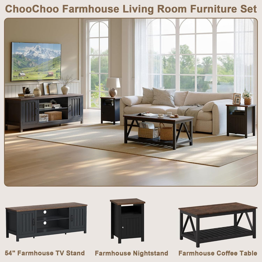 ChooChoo 54' Farmhouse TV Stand for TVs up to 65 inches, Entertainment Center with Storage Cabinets, Open Shelves and Fluted Door, TV Console Table for Living Room, Bedroom, Black