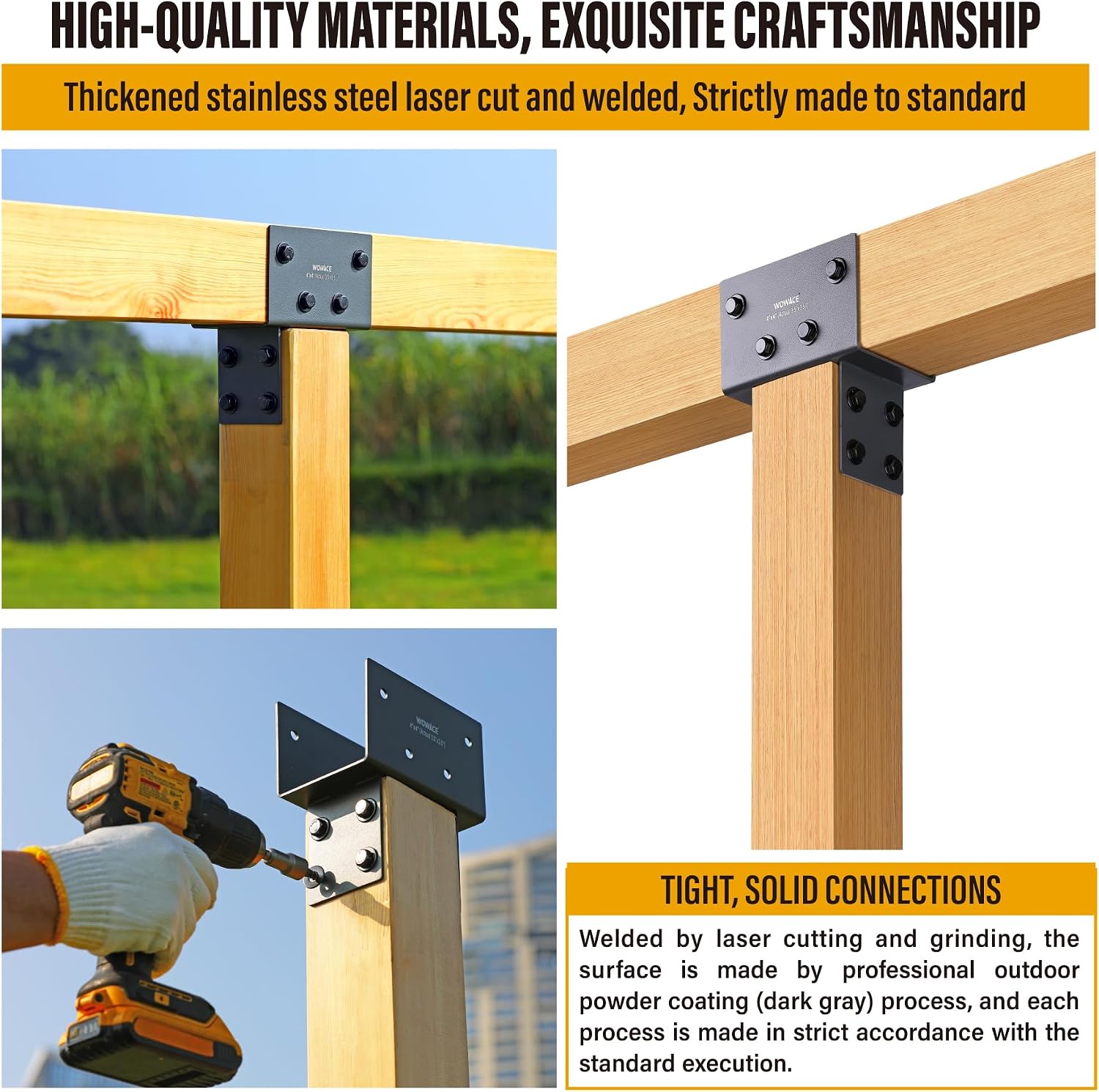 4pcs 4x4 (Actual 3.5'x3.5') Post Cap Tie Bracket, Heavy Duty Stainless Steel Wood Beam Support Bracket. for Gazebos, Patio Decks, and Porches Wood Post to Beam Support Connection (Dark Ggray)