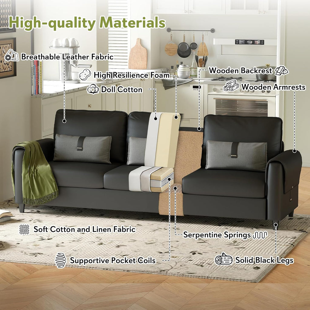 STHOUYN 88' Faux Leather Couch for Living Room, Black Office Couch Small Space, Comfy 3 Seater Couches Leather Sofa with High Backrest (Black)
