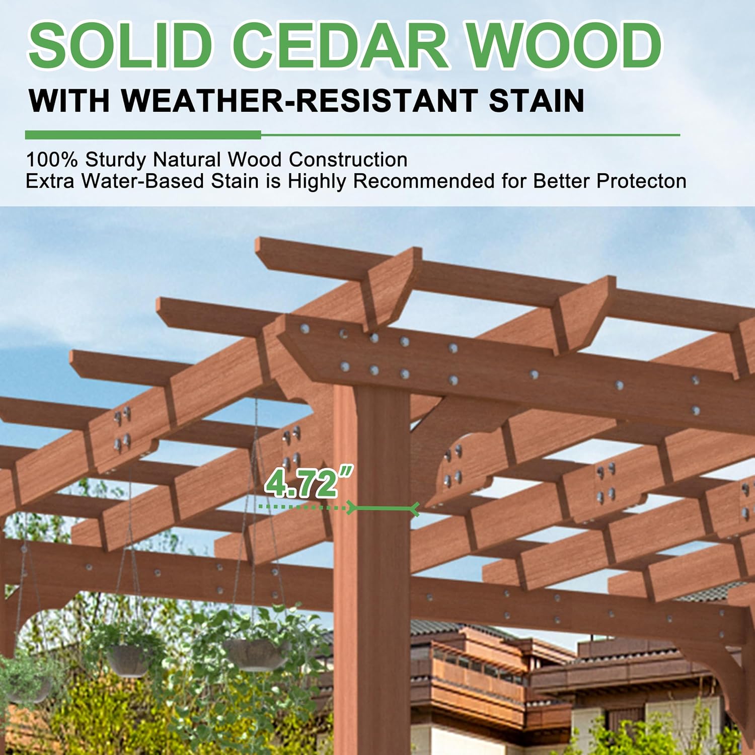 Yardenaler 10x10 FT Wooden Pergola, Cedar Wood Gazebo with Flat Roof, Outdoor Garden Shelter with Stakes Included, Patio, Deck, Backyard, Lawn