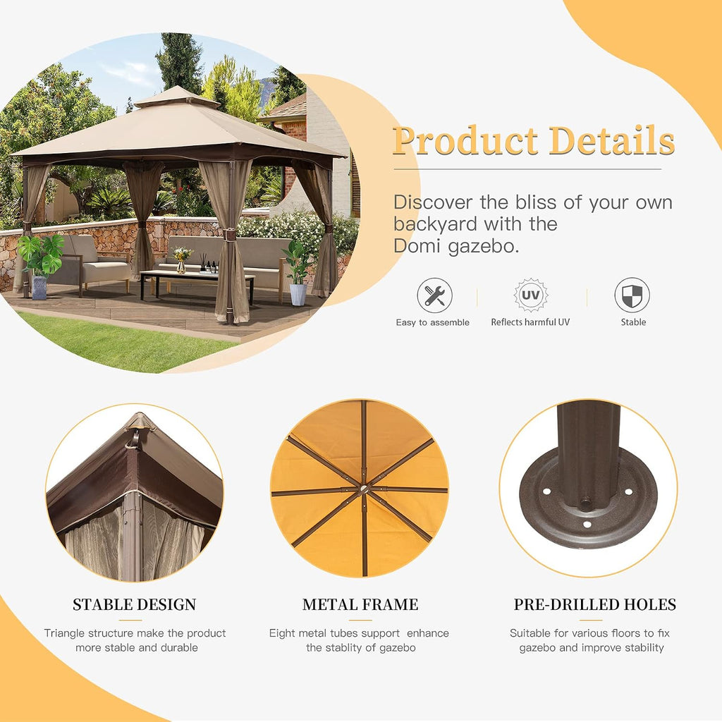 Domi 10' x 13' Outdoor Canopy with Mosquito Netting, Double Roof Soft Top Gazebo Pergola, Metal Frame Patio Shelter for Deck, Backyard, Garden, and Lawn