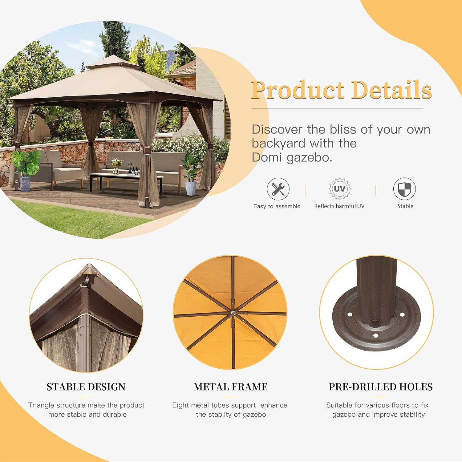 Domi 10' x 13' Outdoor Canopy with Mosquito Netting, Double Roof Soft Top Gazebo Pergola, Metal Frame Patio Shelter for Deck, Backyard, Garden, and Lawn