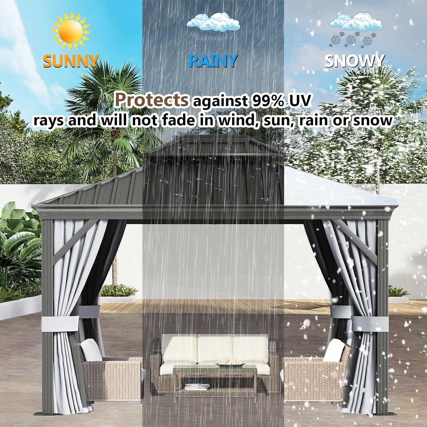 oneinmil 10' x 12' Hardtop Gazebo, Galvanized Steel Double Roof, Aluminum Frame Outdoor Metal Gazebo with Privacy Curtains and Mosquito Netting, for Gardens, Patios, and Lawns
