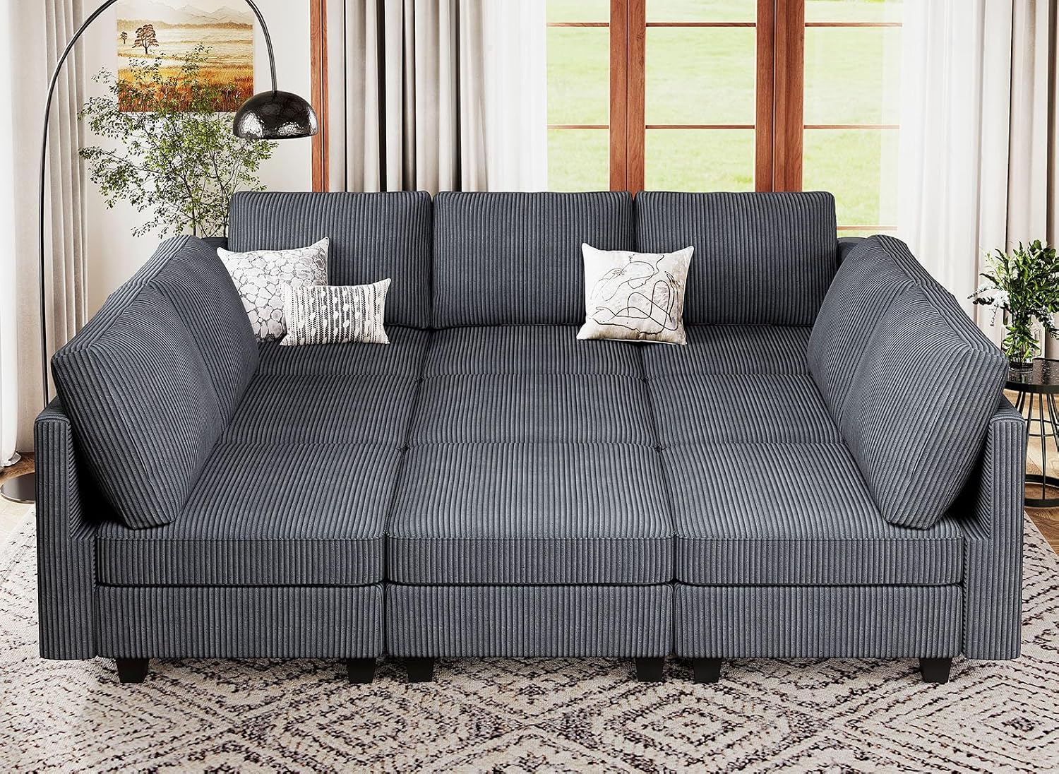 Belffin Corduroy Modular Sectional Sofa 9 Seat Convertible Sectional Sleeper Sofa Bed with Storage Ottomans Modular Sectional Couch Bed for Living Room Dark Grey