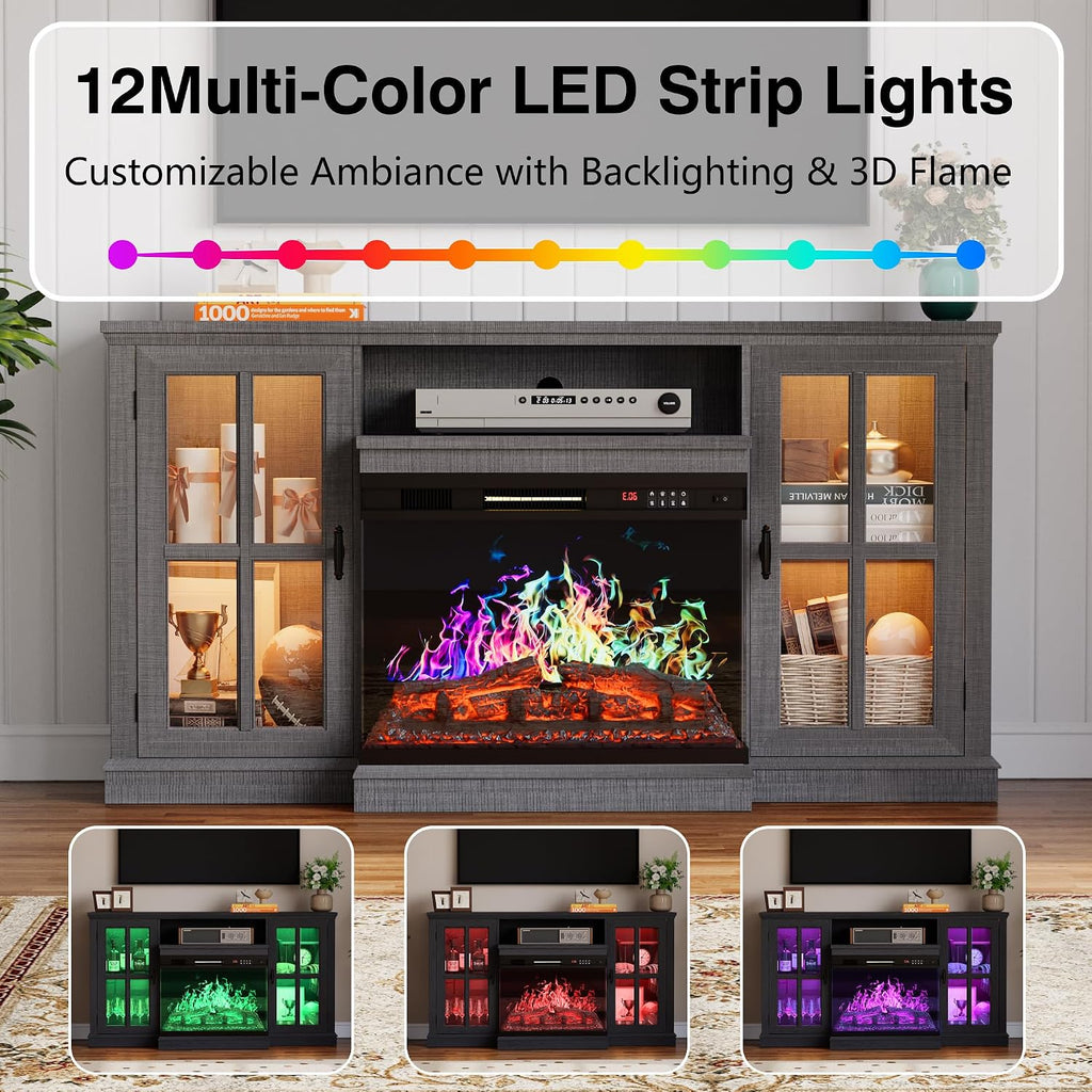 YESHOMY Glass Fireplace TV Stand for Televisions up to 65', Media Entertainment Center Console Table with Led Lights, Light Grey