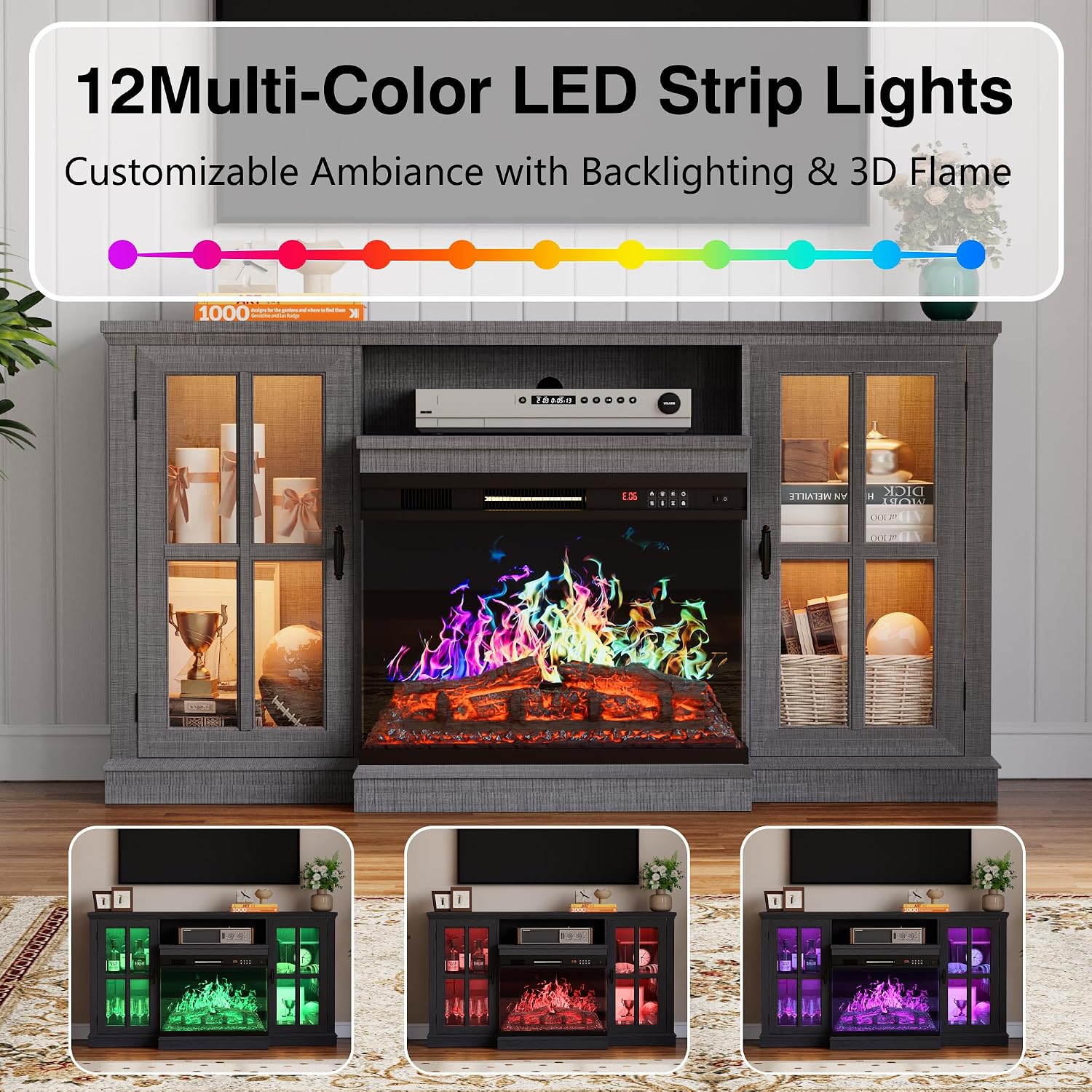YESHOMY Glass Fireplace TV Stand for Televisions up to 65', Media Entertainment Center Console Table with Led Lights, Light Grey