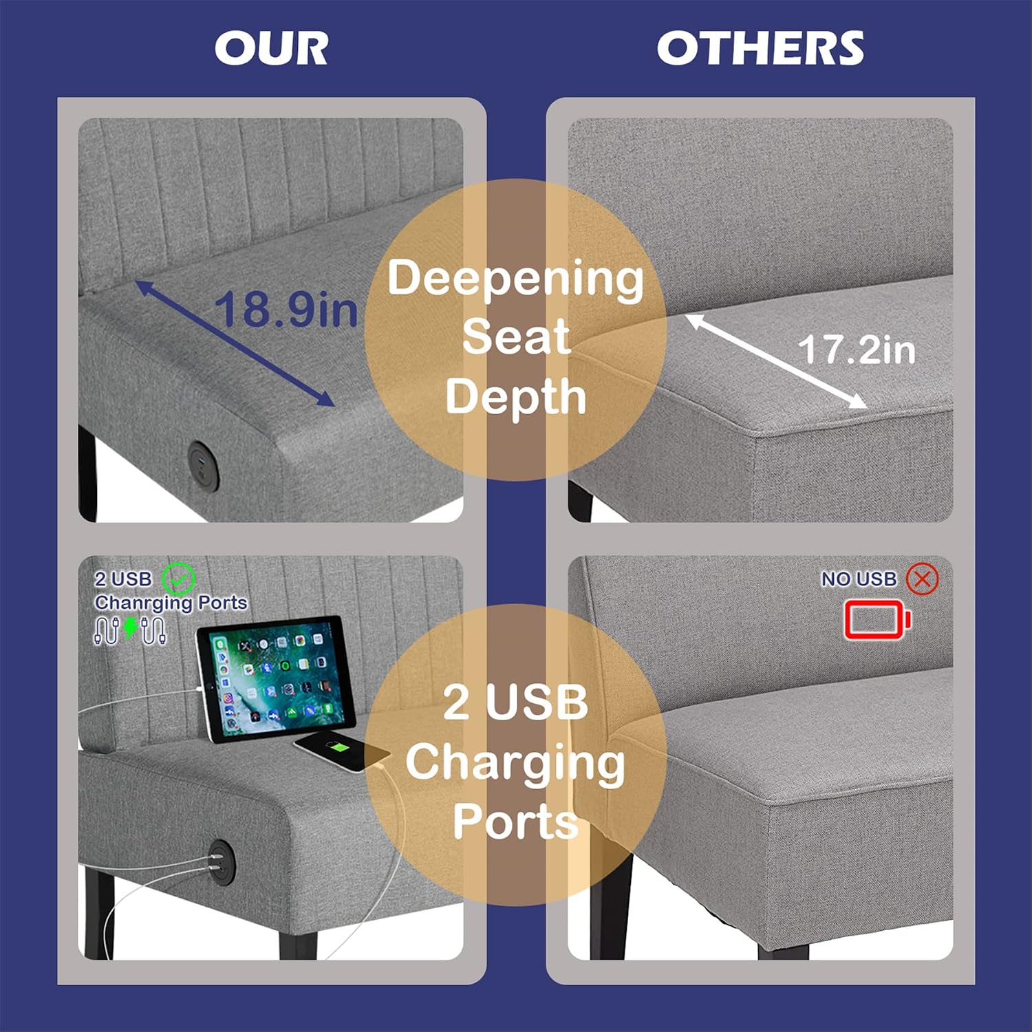 STHOUYN Mini Small Comfy Couch Armless Loveseat Sofa for Bedroom with USB Port, Velvet Couches for Small Spaces Living Room, Apartment Office Dorm (Grey)