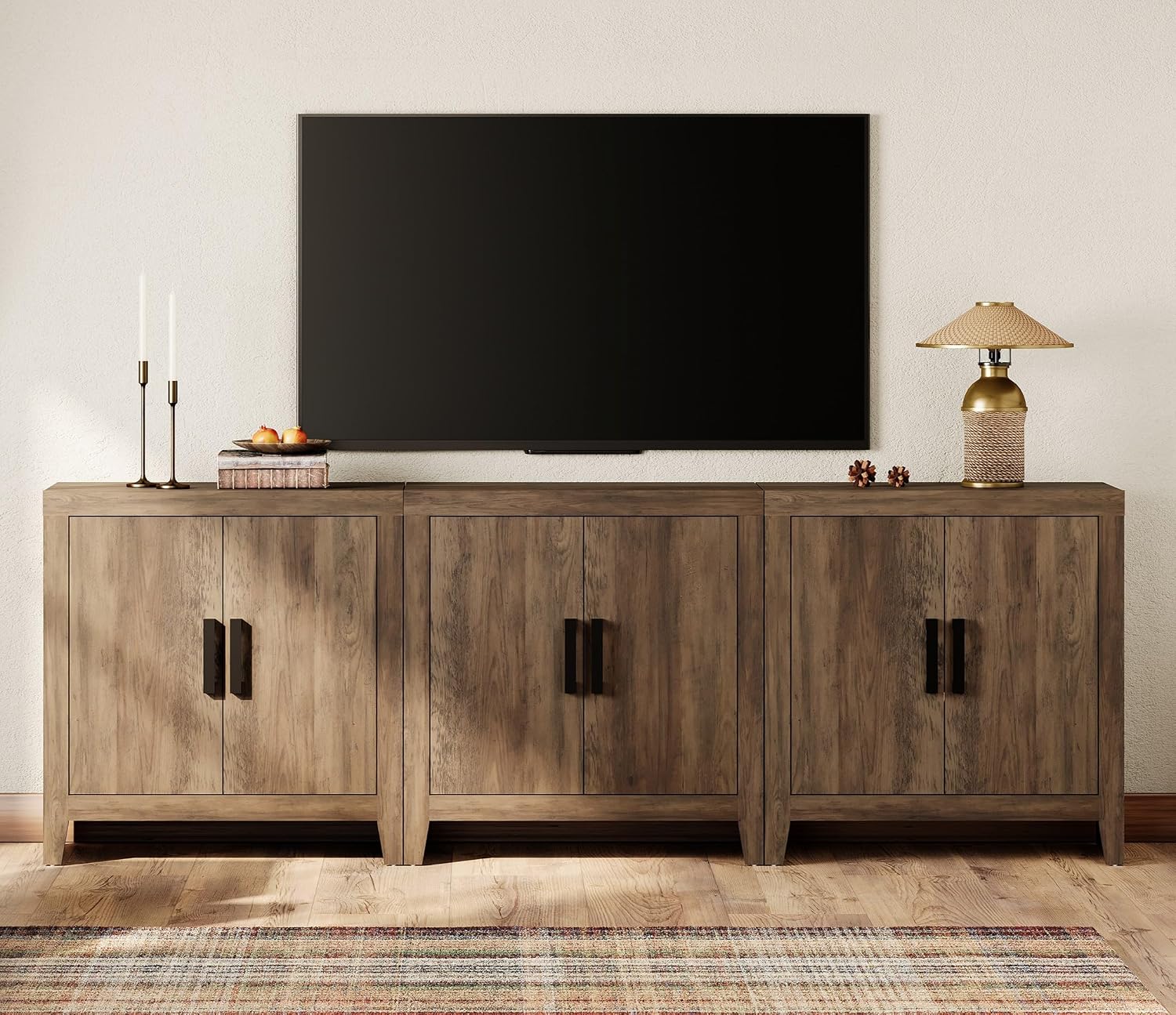 WAMPAT Farmhouse TV Stand for TVs up to 85 Inch, Rustic Wood Entertainment Center & Media Console with 6 Storage Doors, Accent Cabinet for Living Room, Hallway, Rustic Brown