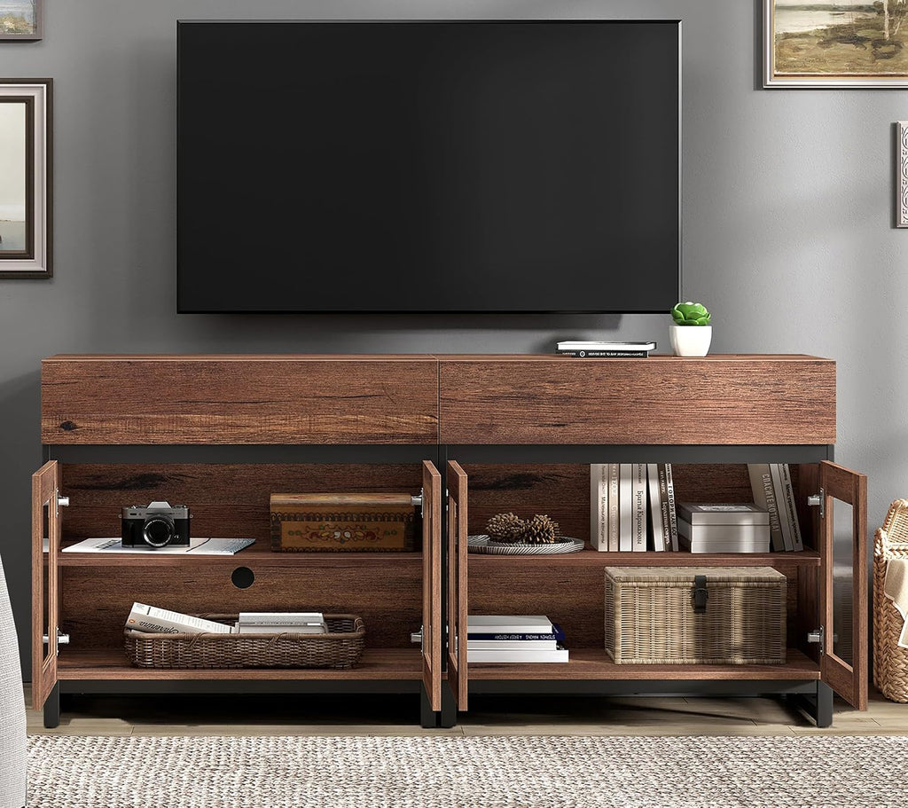 WAMPAT Modern TV Stand with Glass Doors for 40-70 inch TVs, 2 in 1 Entertainment Center Console with 2 Drawers and Metal Base for Living Room, Bedroom, Brown