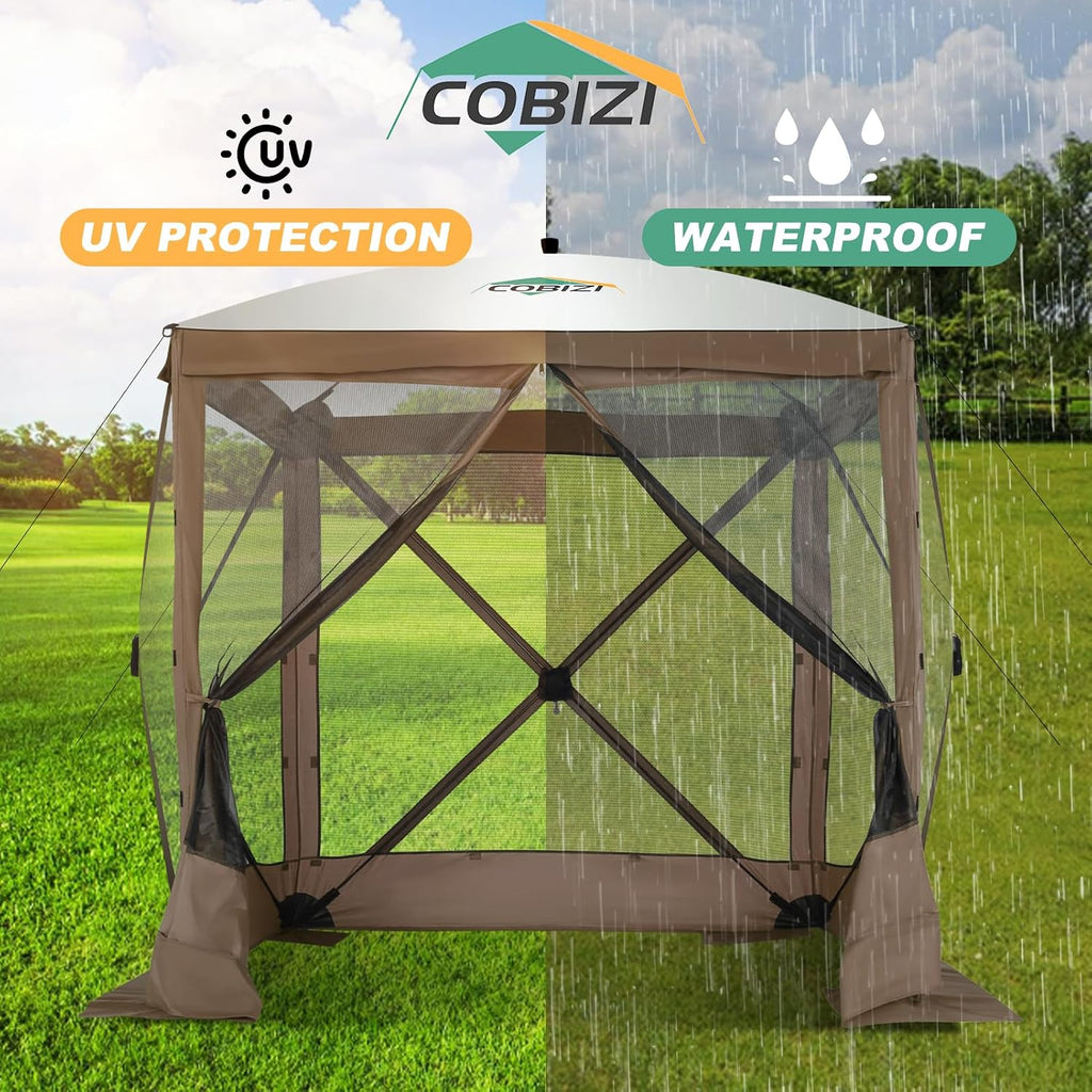 COBIZI 6x6 Pop up Gazebo Tent on Clearance, Ez up Waterproof Screen Tent Screen House with 3 sidewalls,Portable Outdoor Canopy with Carry Bag & Ground Stakes for Camping,Garden and Picnics, Brown