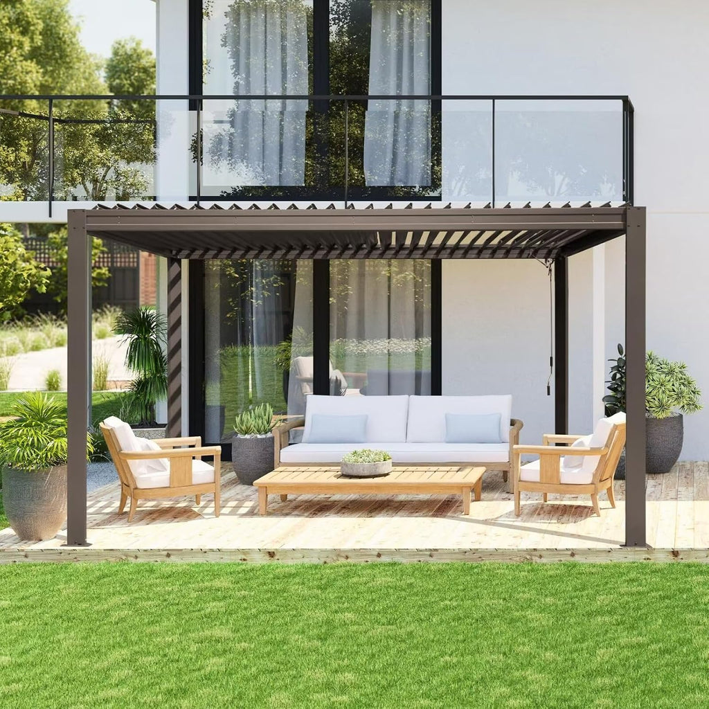 Domi Outdoor Louvered Pergola 10x13FT with Adjustable Steel Roof, Outdoor Aluminum Frame Rainproof Pergola for Backyard, Garden and Lawn,Brown