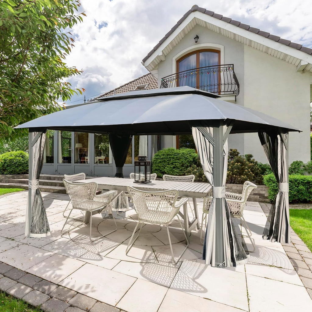 Domi 10'x14' Gazebo with Double Roof Soft Top, Patio Gazebo Canopy Tent, Upgraded 4'' Metal Frame for Deck Backyard Garden Lawns Gray