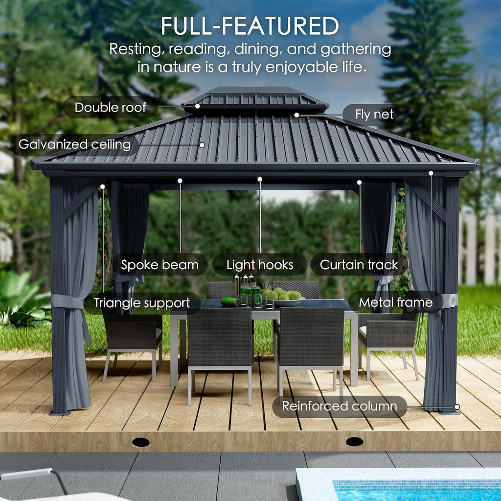 Kozyard Caesar 12'x16' Hardtop Gazebo - Permanent Metal Pavilion with Netting and Shaded Curtains for Patio, Backyard, and Deck - Galvanized Steel Outdoor Aluminum Canopy, Double Roof Gazebo (Grey)