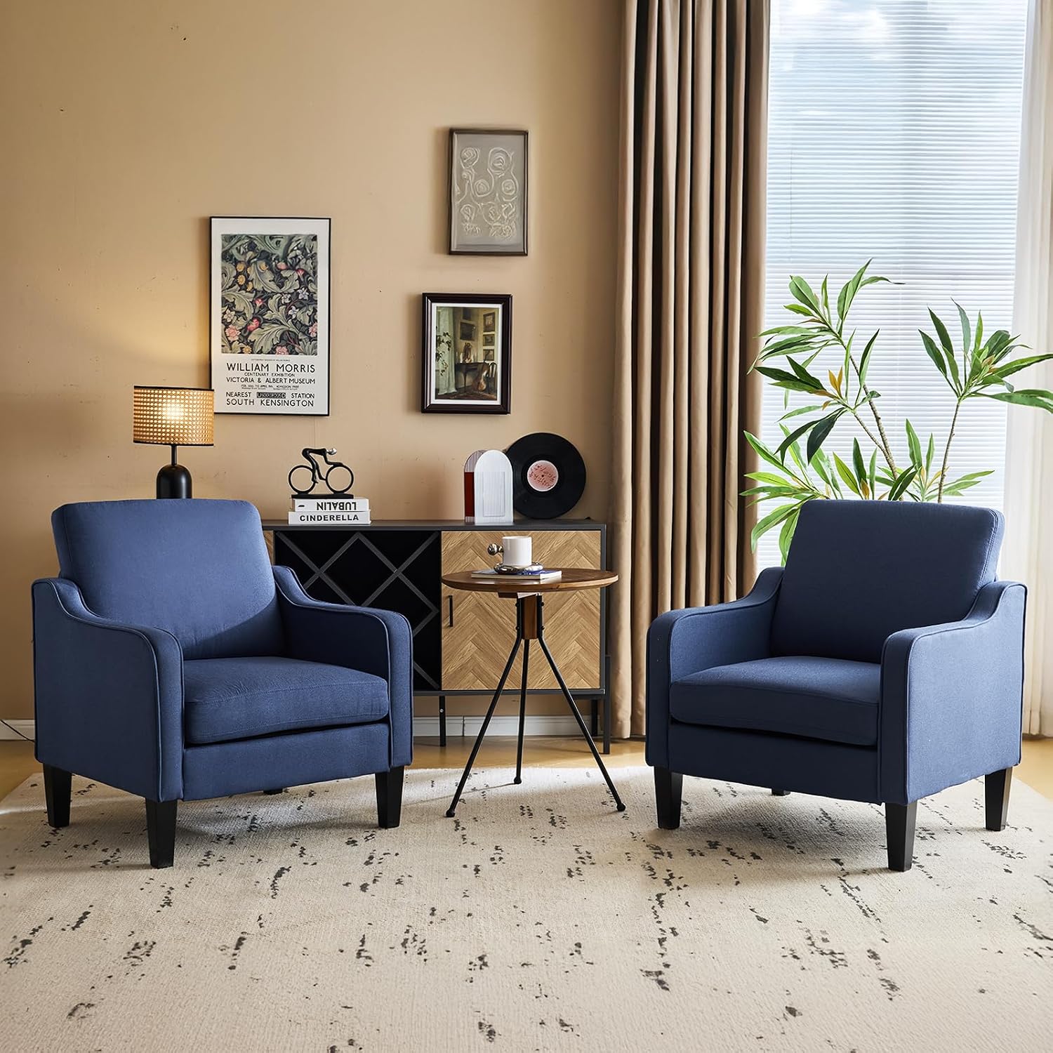 VINGLI Mid century Modern Accent Chair,Navy Blue Fabric Accent Chairs for Living Room Upholstered Armchair with Scooped Arms for Bedroom,Apartment,Studio,Office,Waiting Room