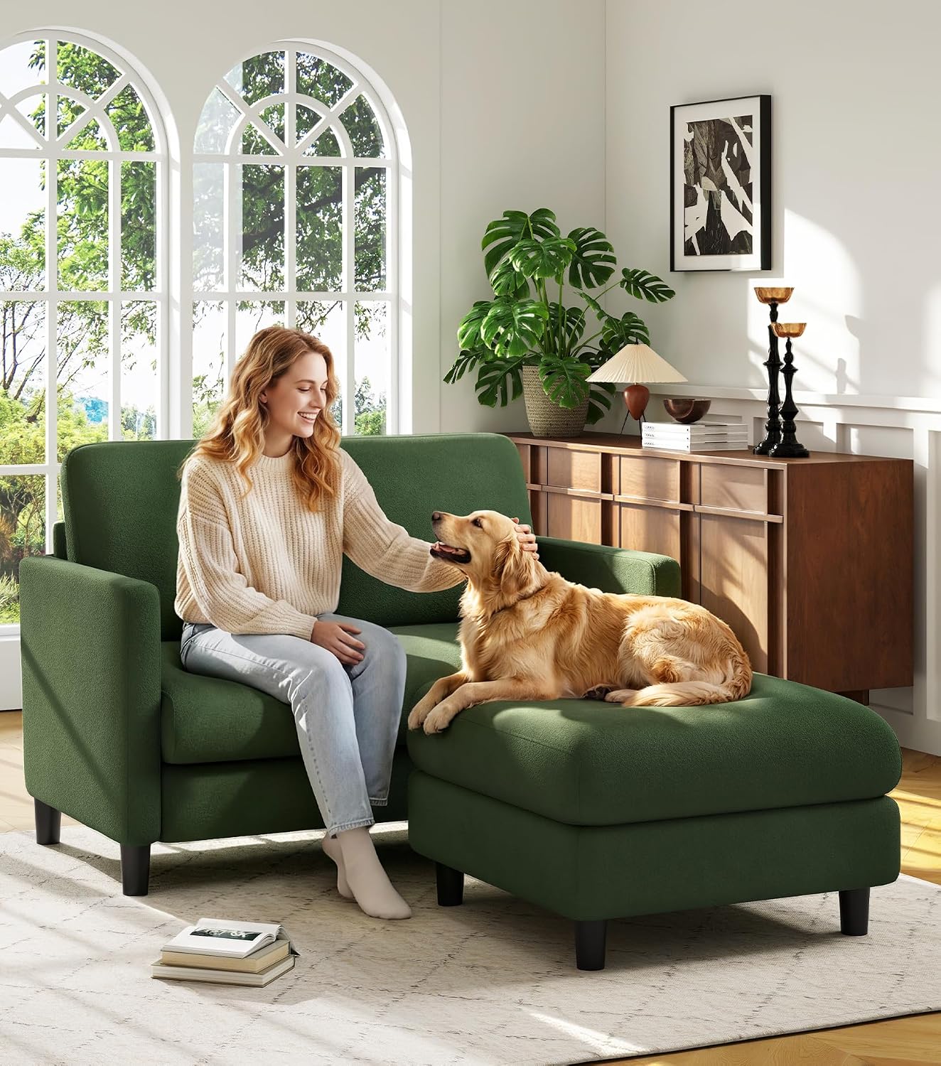 Welzona Loveseat, 51' Small L Shaped Couch, Comfy Teddy Love Seat with Ottoman Set, Tool-Free Setup Loveseat Sofa with Ottoman, All-Wood Small Sofa Couch for Bedroom, Couch for Living Room, Green