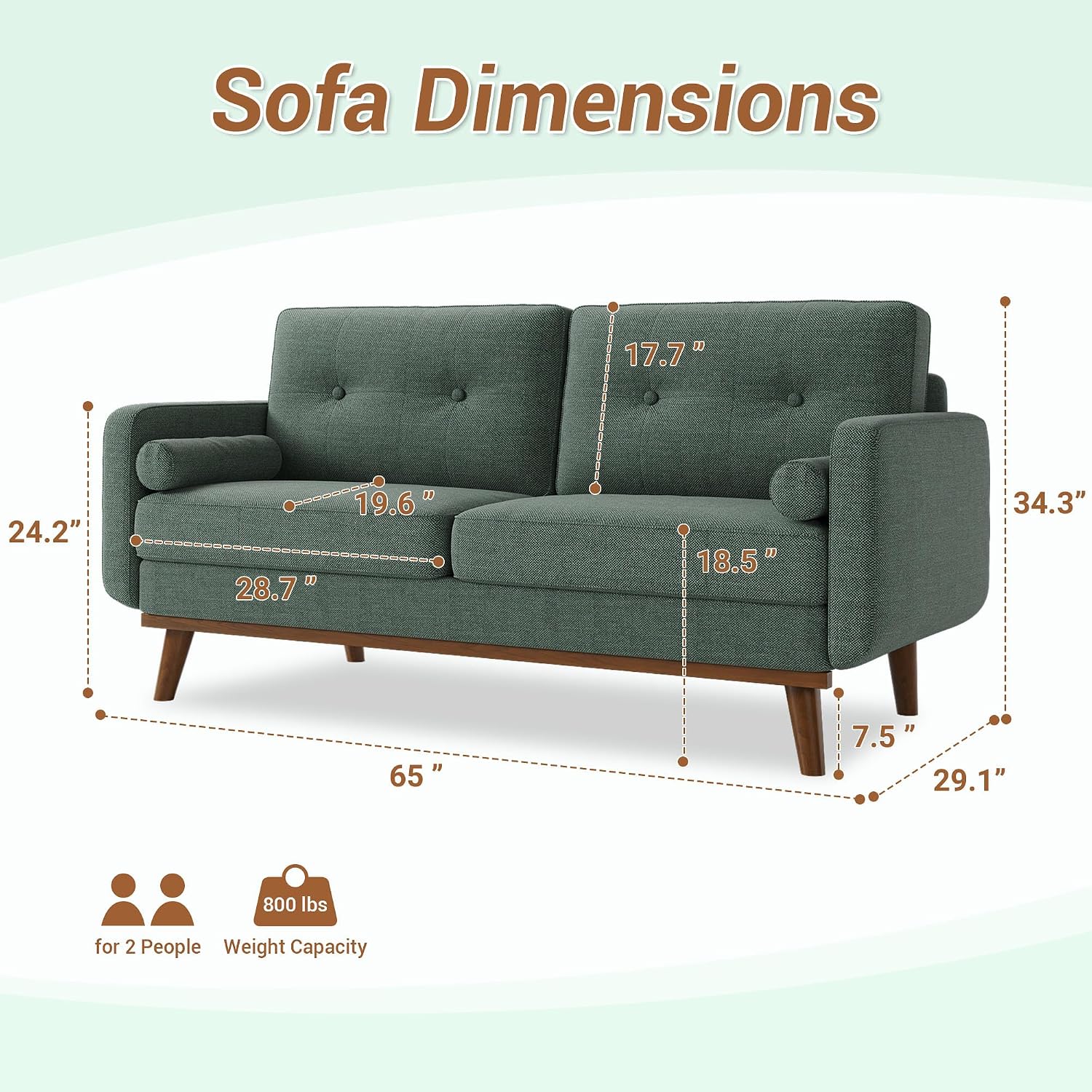 IDEALHOUSE 65' Loveseat Sofa, Mid Century Modern Love Seat Couches for Living Room, Button Tufted Sofa Couch with Wood Legs & Trim for Living Room, Bedroom, Office, Linen, Green