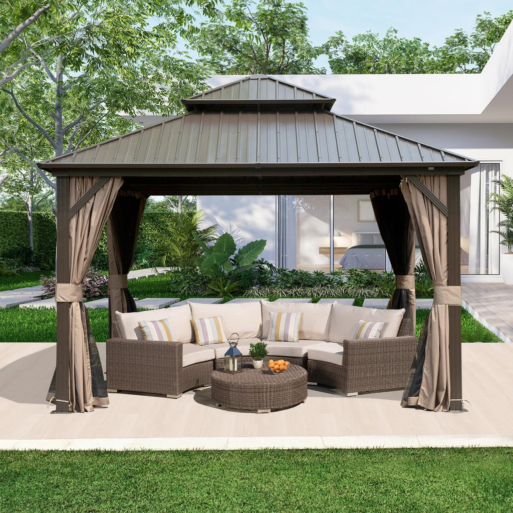 Domi Hardtop Gazebos 10x10FT, Aluminum Metal Gazebo with Galvanized Steel Double Roof Canopy, Curtain and Netting, Permanent Gazebo Pavilion for Patio, Backyard, Deck and Lawn, Brown
