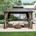 Domi Hardtop Gazebos 10x10FT, Aluminum Metal Gazebo with Galvanized Steel Double Roof Canopy, Curtain and Netting, Permanent Gazebo Pavilion for Patio, Backyard, Deck and Lawn, Brown