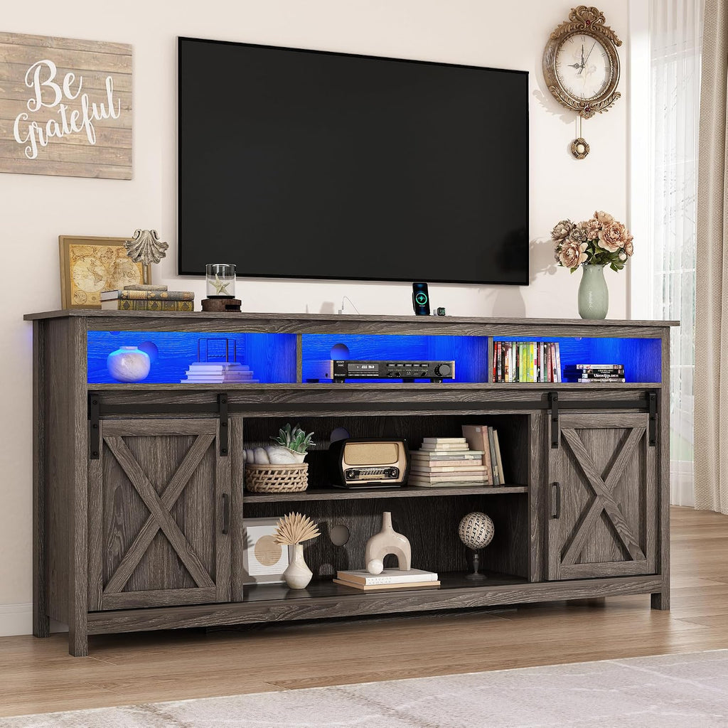 70' LED Farmhouse TV Stand for 80/75/70 Inch TVs, Tall Entertainment Center Storage Cabinets w/Power Outlets and Sliding Barn Door, Rustic Living Room Media Console Cabinet (Charcoal)