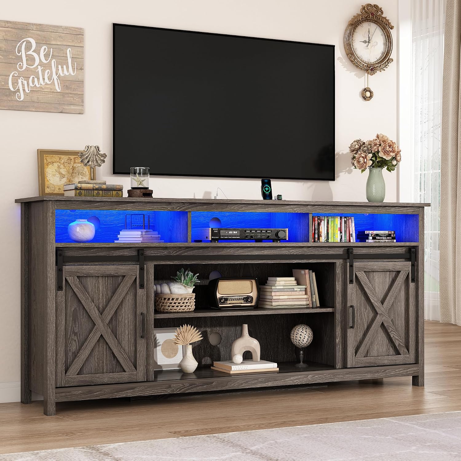 70' LED Farmhouse TV Stand for 80/75/70 Inch TVs, Tall Entertainment Center Storage Cabinets w/Power Outlets and Sliding Barn Door, Rustic Living Room Media Console Cabinet (Charcoal)