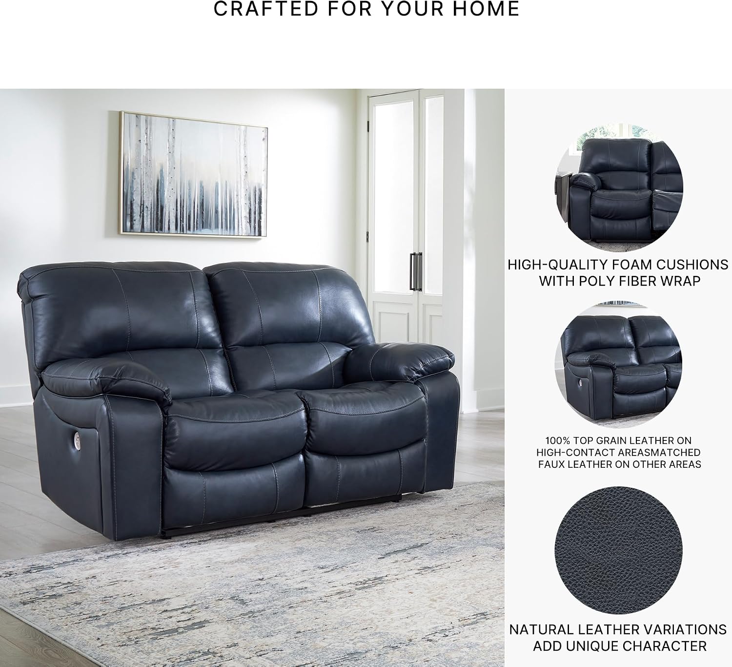 Signature Design by Ashley Leesworth Contemporary Power Reclining Loveseat with One-Touch Control and USB Charging Ports, Leather, 20' Seat Height, Blue