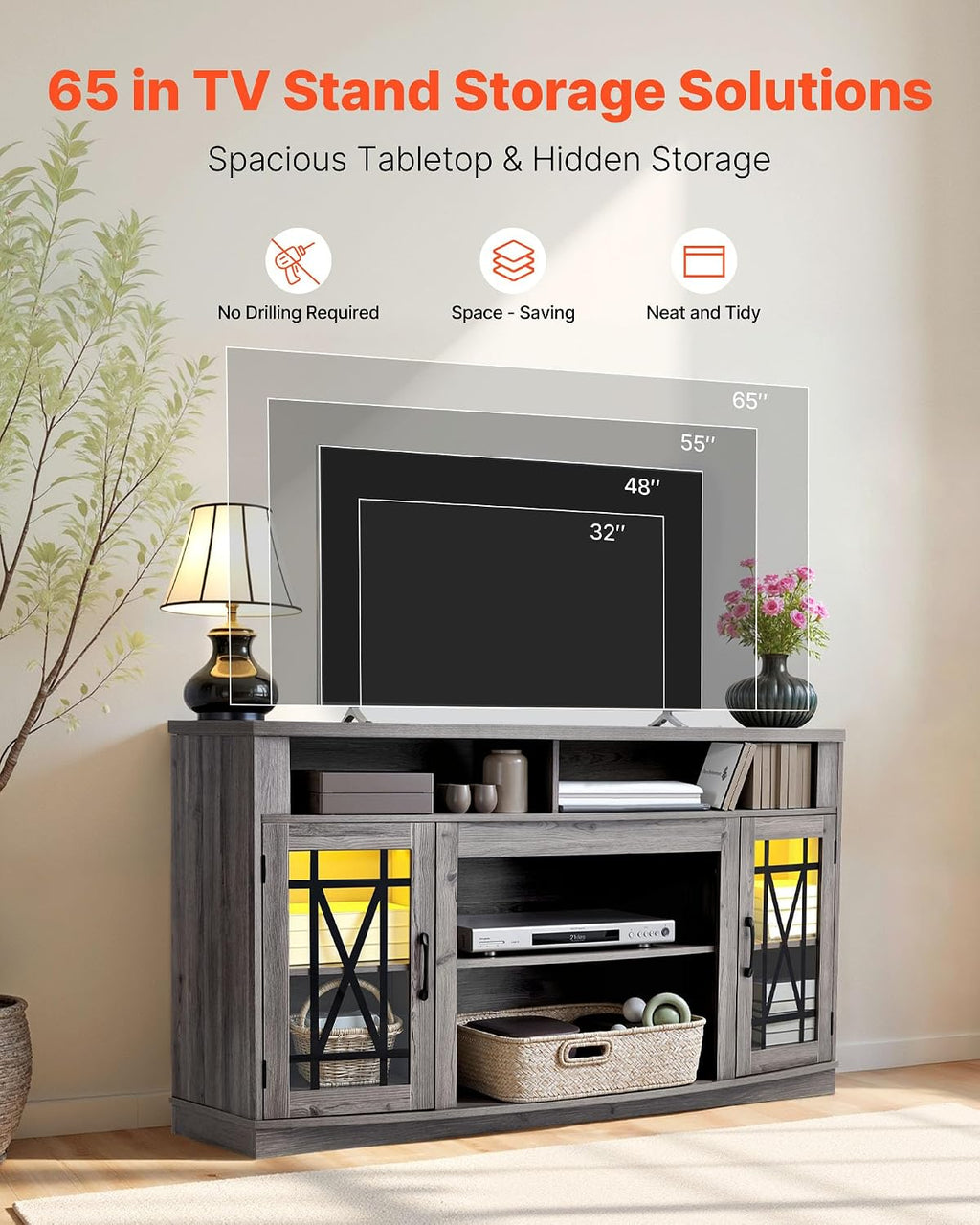 VEVOR Farmhouse TV Stand for 65 inch TVs, LED Entertainment Center with Glass Doors, Rustic Wood TV Cabinet with Adjustable Storage Shelves, Media Console for Living Room, Bedroom, Gray