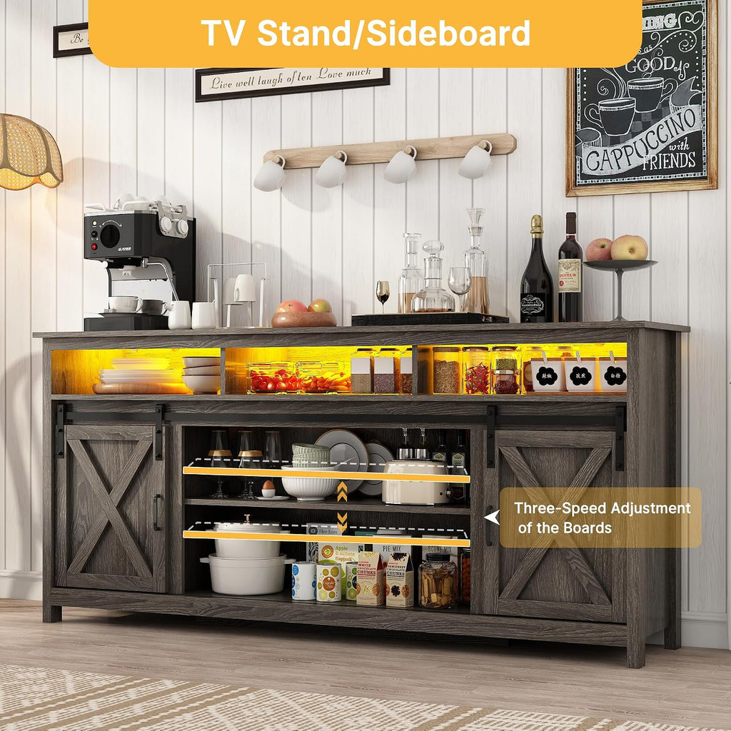 Vinctik 6&Fox 70in Wooden Farmhouse Entertainment Center for 80/75 inch TV,Double Layer Storage Farmhouse TV Stand,Double-Row Sockets with Wood Sliding Barn Door TV Stand(Double Layer Grey Wash)