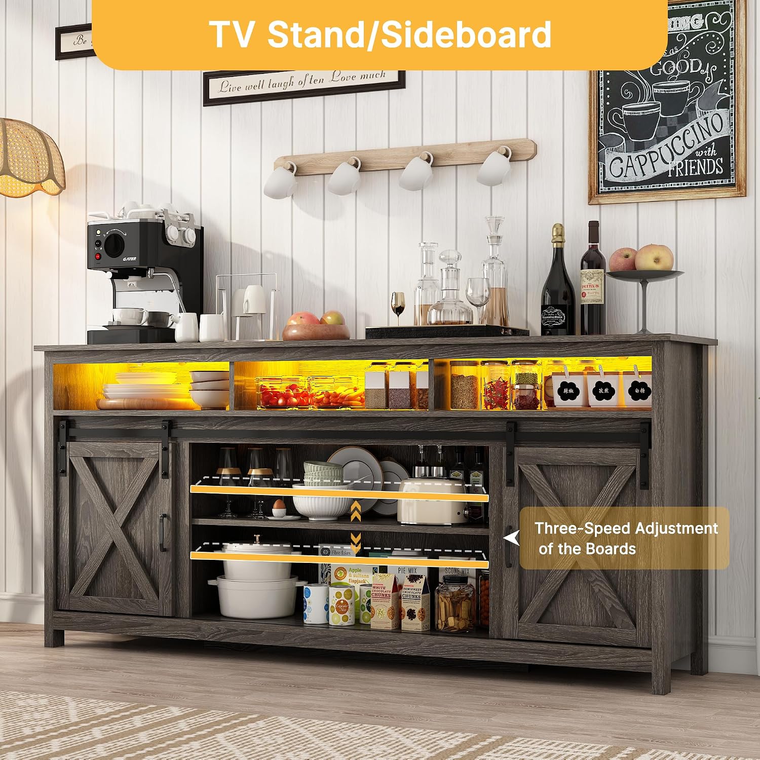Vinctik 6&Fox 70in Wooden Farmhouse Entertainment Center for 80/75 inch TV,Double Layer Storage Farmhouse TV Stand,Double-Row Sockets with Wood Sliding Barn Door TV Stand(Double Layer Grey Wash)