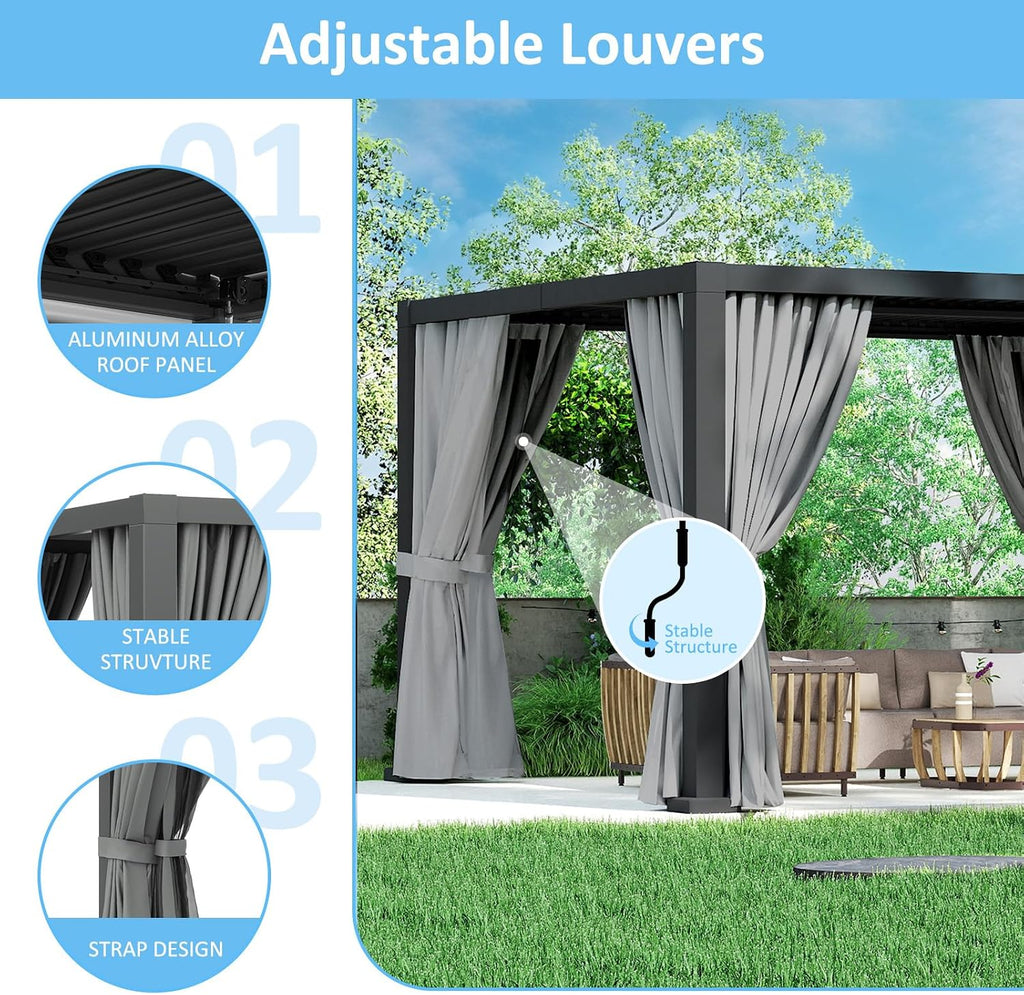 14×12FT Modern Louvered Pergola, Adjustable Aluminum Outdoor Pavilion for Patio, Garden, and Backyard Relaxation