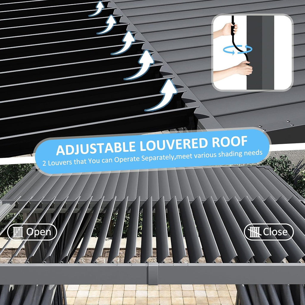 10×10FT Louvered Pergola, Adjustable Aluminum Gazebo with Ventilated Roof, Outdoor Shade Shelter for Patio, Garden, and Backyard