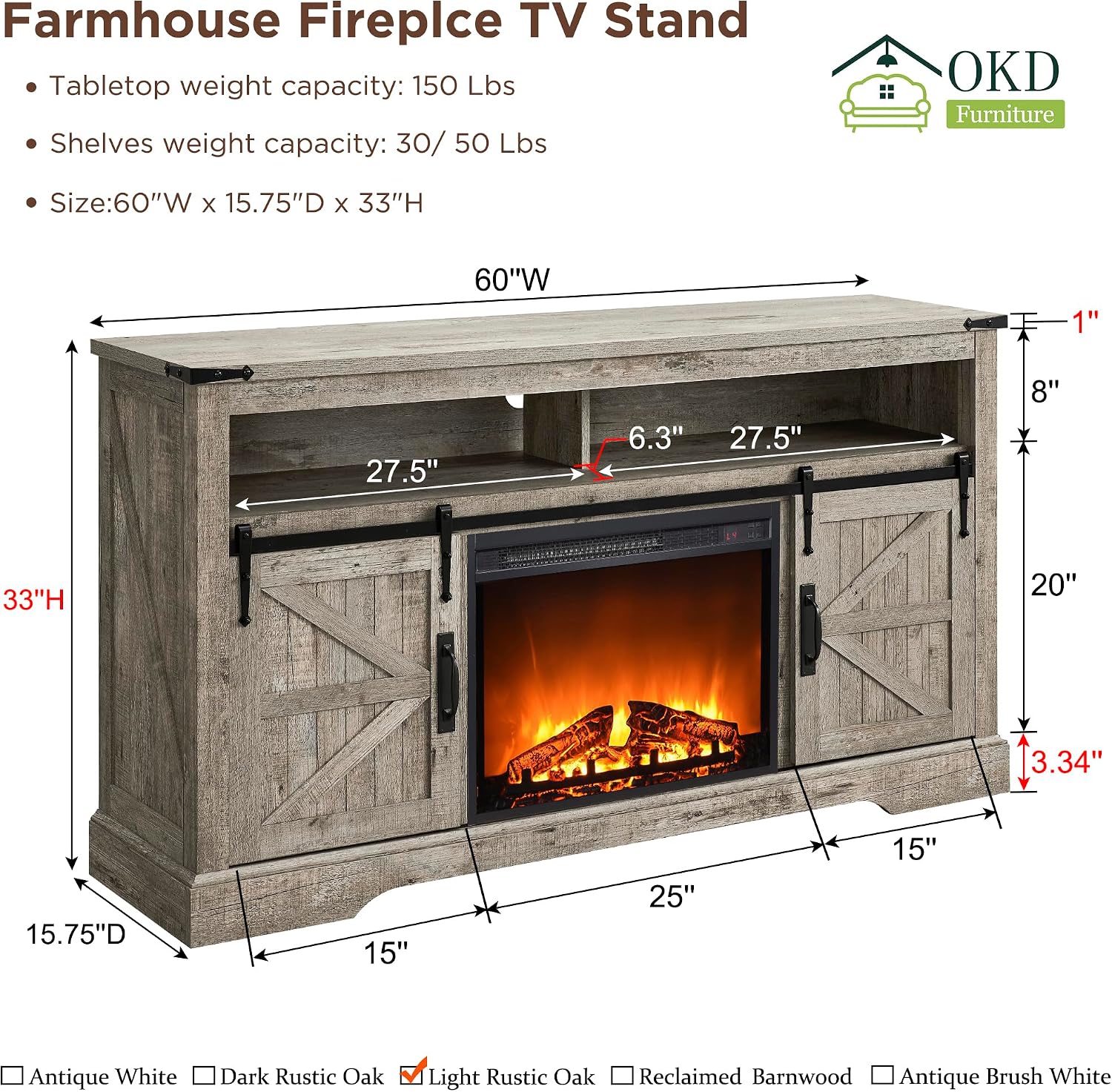 OKD Fireplace TV Stand for 65+ Inch TV, 33' Tall Highboy Farmhouse Entertainment Center w/ 23'' Electric Fireplace, Rustic Media Console w/Sliding Barn Door for Living Room, Light Rustic Oak