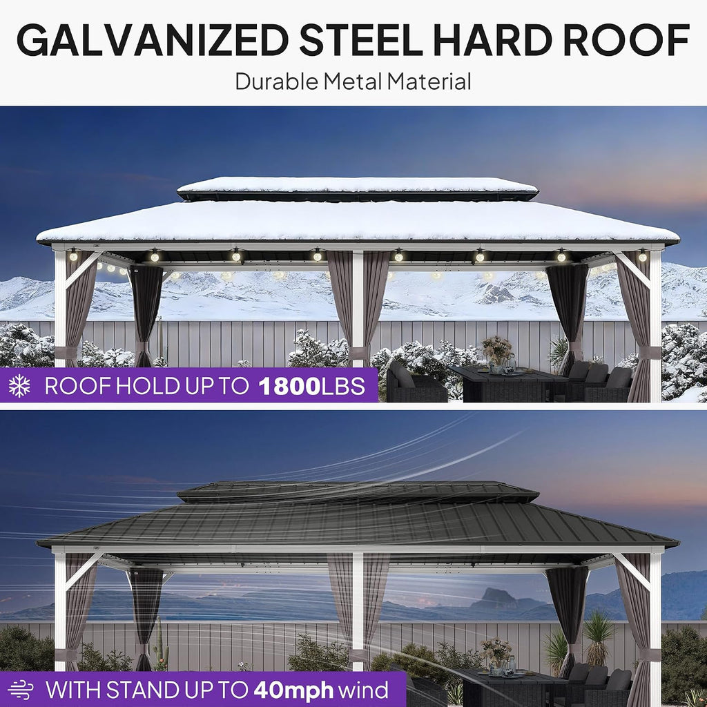 PURPLE LEAF 10' X 20' Outdoor Gazebo Galvanized Steel Double Roof White Aluminum Frame Hardtop Heavy Duty Gazebo with Curtain and Netting for Patio Garden and Backyard, Grey