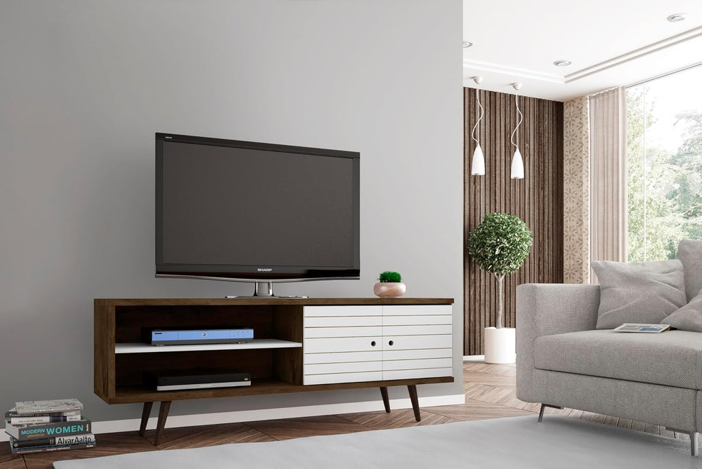 Manhattan Comfort Liberty Mid Century Modern TV Stand for Televisions up to 60 Inches, Bedroom and Living Room Entertainment Center with Storage, Shelves, and Cabinet, 63' Wide, Rustic Brown/White