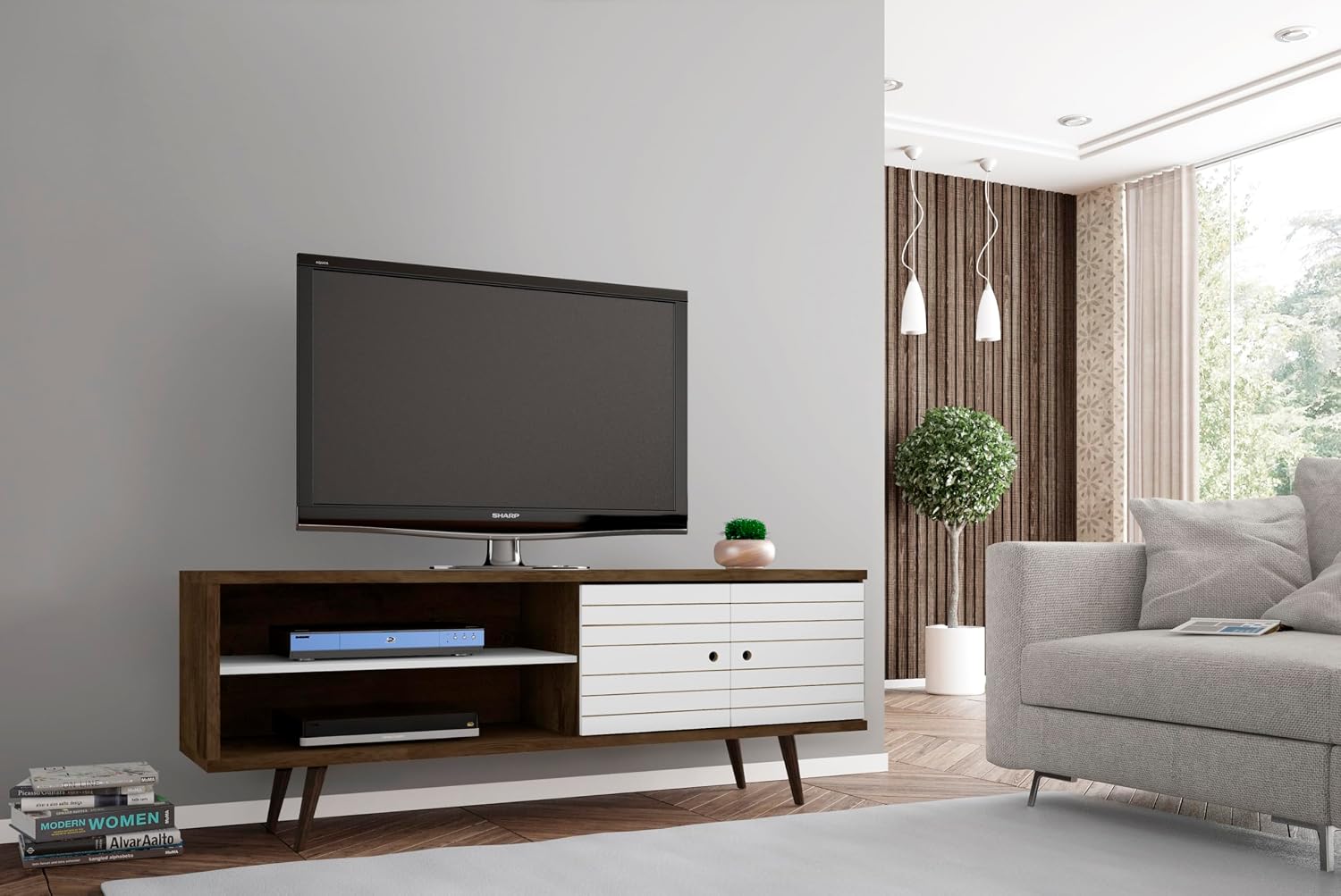 Manhattan Comfort Liberty Mid Century Modern TV Stand for Televisions up to 60 Inches, Bedroom and Living Room Entertainment Center with Storage, Shelves, and Cabinet, 63' Wide, Rustic Brown/White