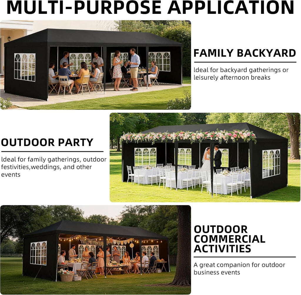 10x30 Party Tent Heavy Duty Outdoor Canopy Tents for Parties with 5 Removable Sidewalls Outside Large Gazebo Shelter Carpas para Fiestas for Backyard Patio Events Wedding BBQ, Black