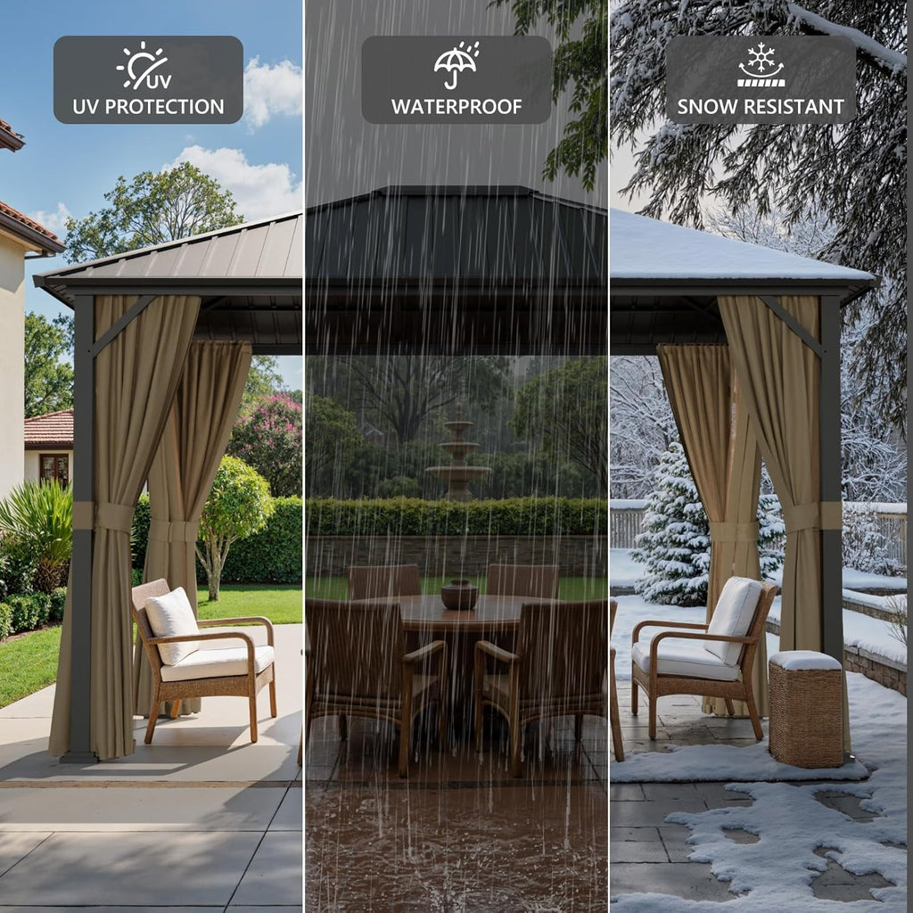 10x12 Hardtop Gazebos, Heavy Duty Outdoor Gazebo with Powder-Coated Iron Frame, Galvanized Steel Roof & Mosquito Netting, Permanent Pavilion Gazebo for Backyards & Patios