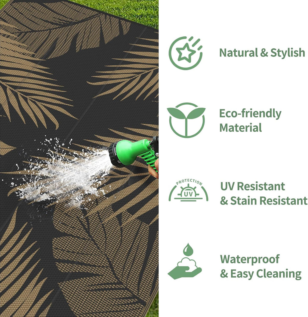 GENIMO Outdoor Rug 10' x 20' Waterproof for Patios Clearance, Reversible Outdoor Plastic Straw Camping Rug Carpet, Large Area Rugs Mats for RV, Camper, Deck, Balcony, Porch, Beach, Picnic, Black&Brown