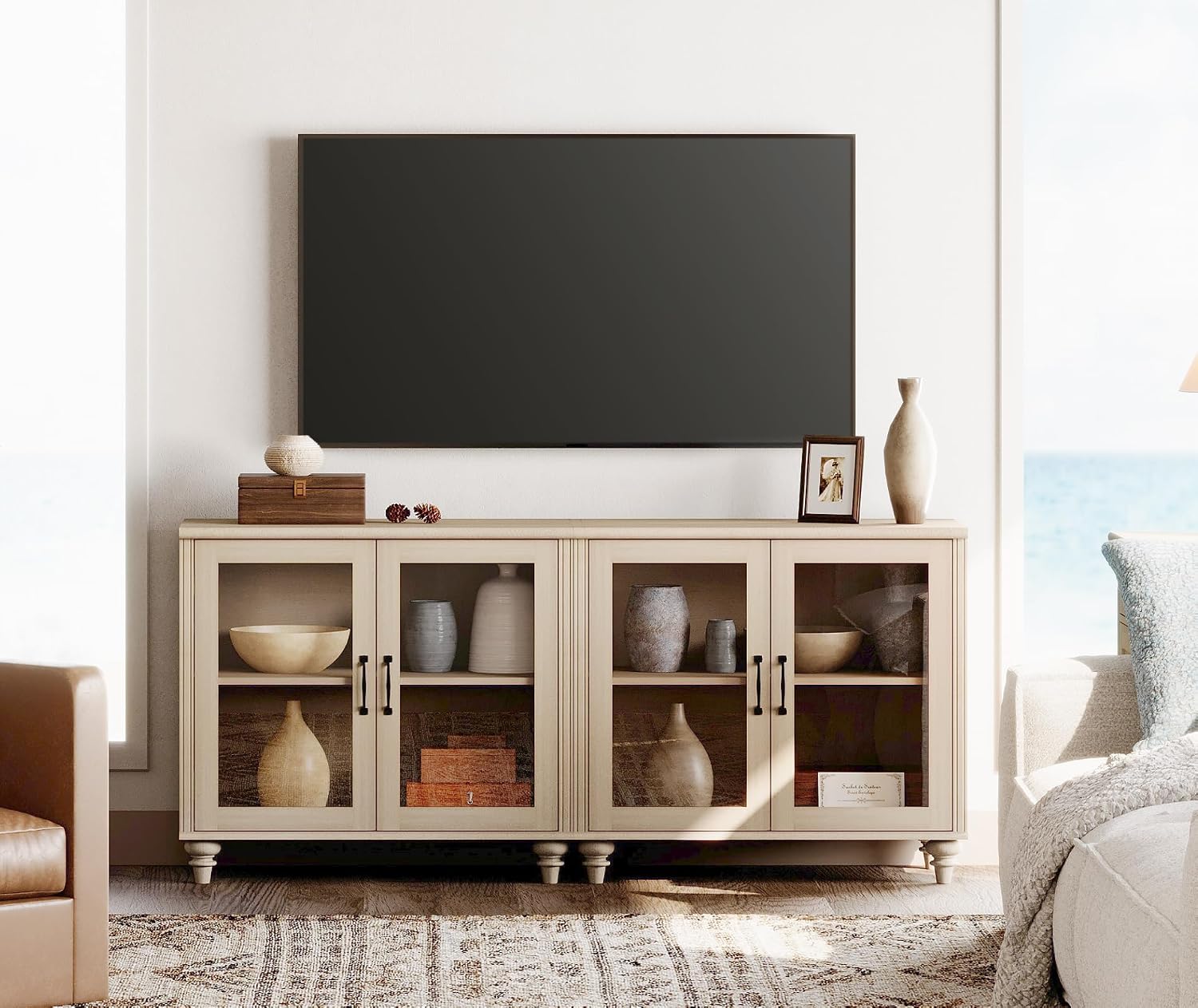 WAMPAT Farmhouse TV Stand for 75 inch TV with 4 Glass Doors, Wood Universal TV Stand with 4 Storage Cabinets, Beige Entertainment Center TV Console Table for Living Room, Bedroom