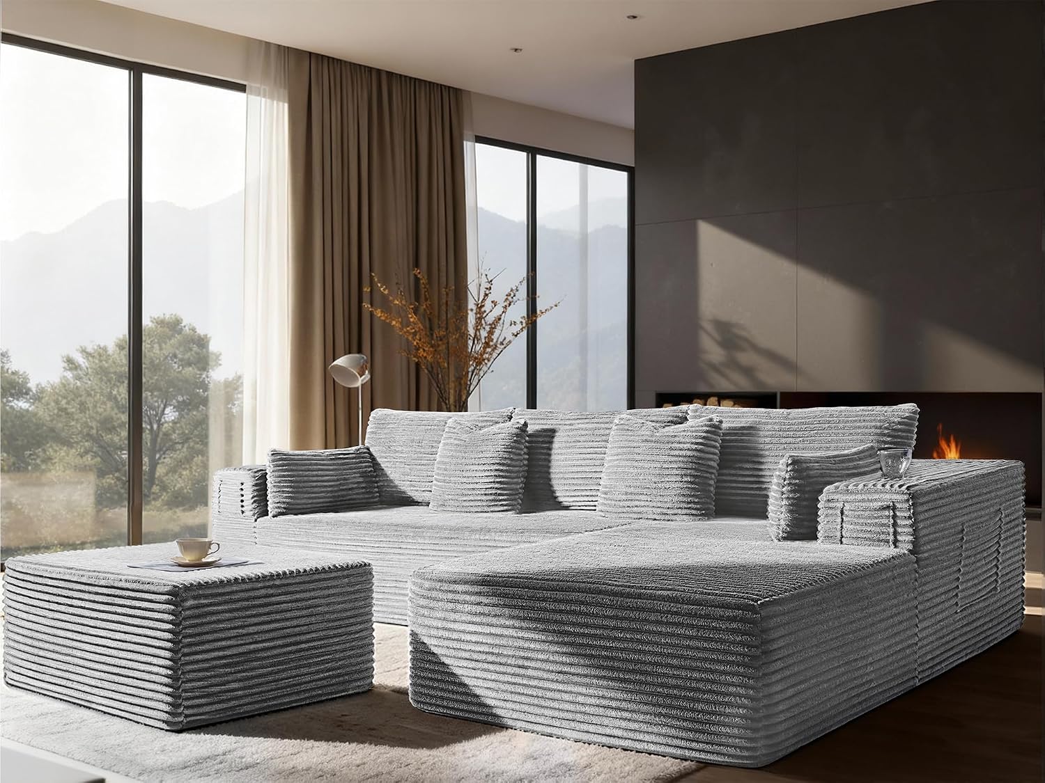 108' Cloud Sectional Couch, Comfort U Shaped Boneless Couch for Living Room, Extra Deep Seats No Assembly, Modular Sofa, Corduroy (Light Grey, 2 Seater+Right Facing Chaise+Ottoman)
