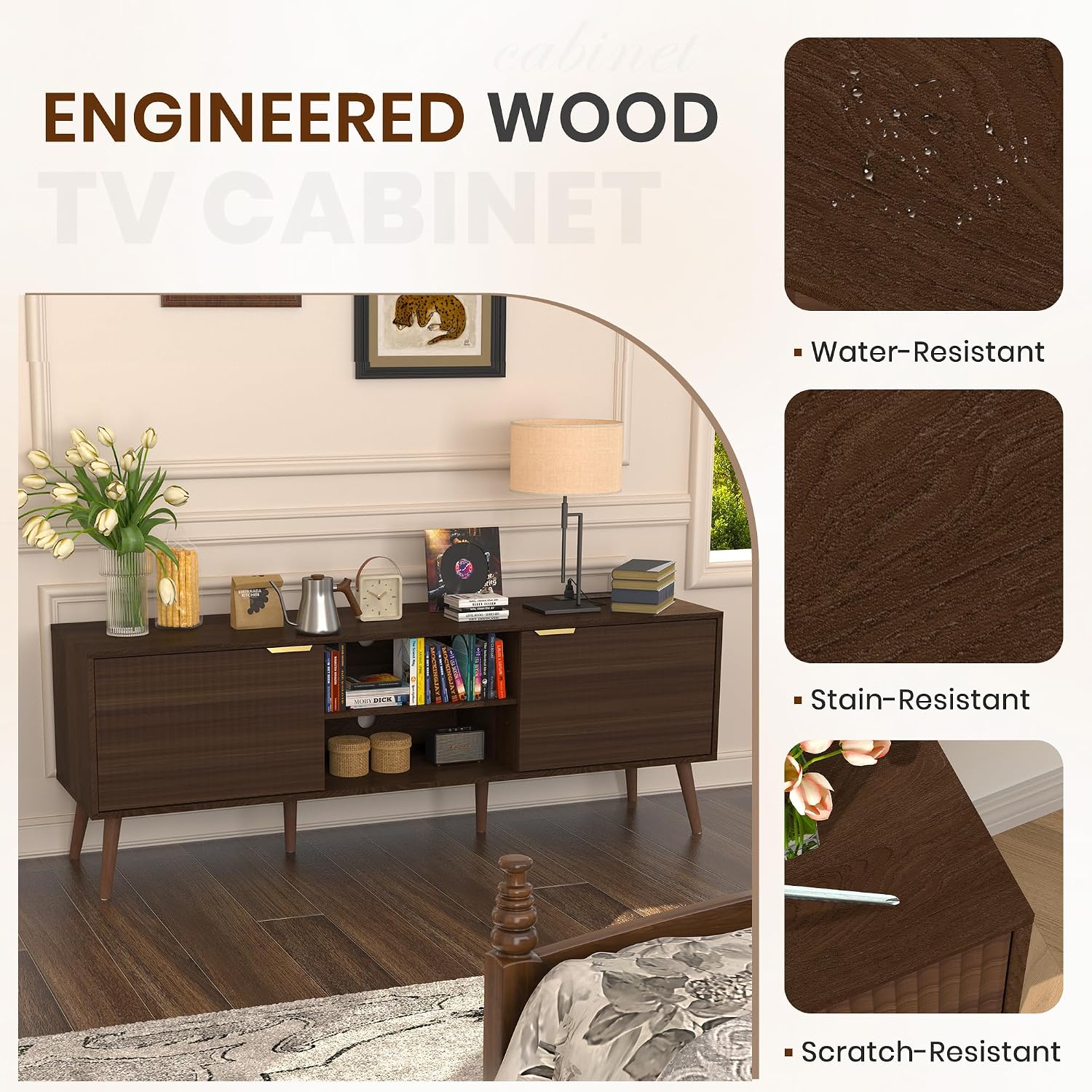 TV Stand for Living Room to 55/60/65/70 Inches, Mid Century Modern TV Consoles with Power Outlet, Entertainment Center with Door Cabinets and Open Shelves for Living Room, Bedroom, Walnut